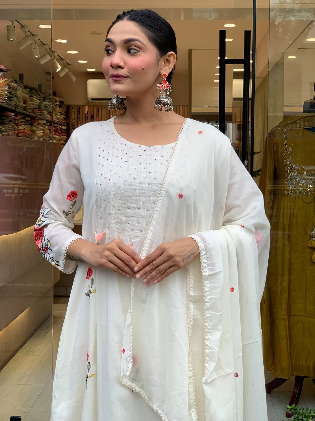 Off White Embroidered Chanderi Silk Kurta Set