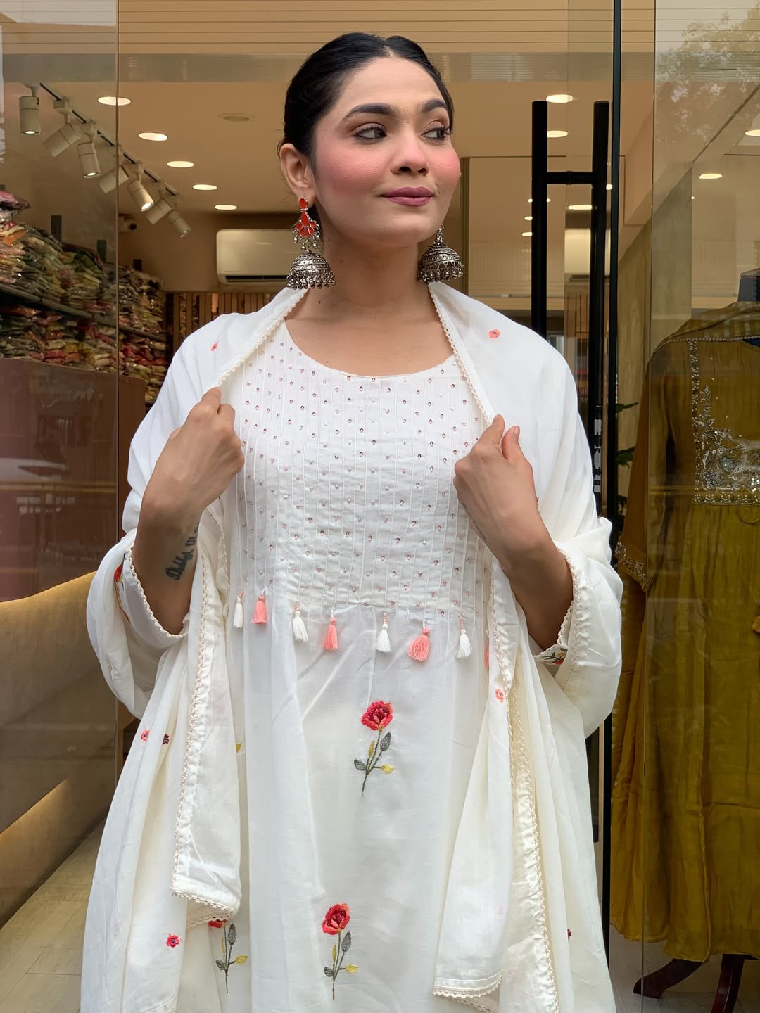 Off White Embroidered Chanderi Silk Kurta Set