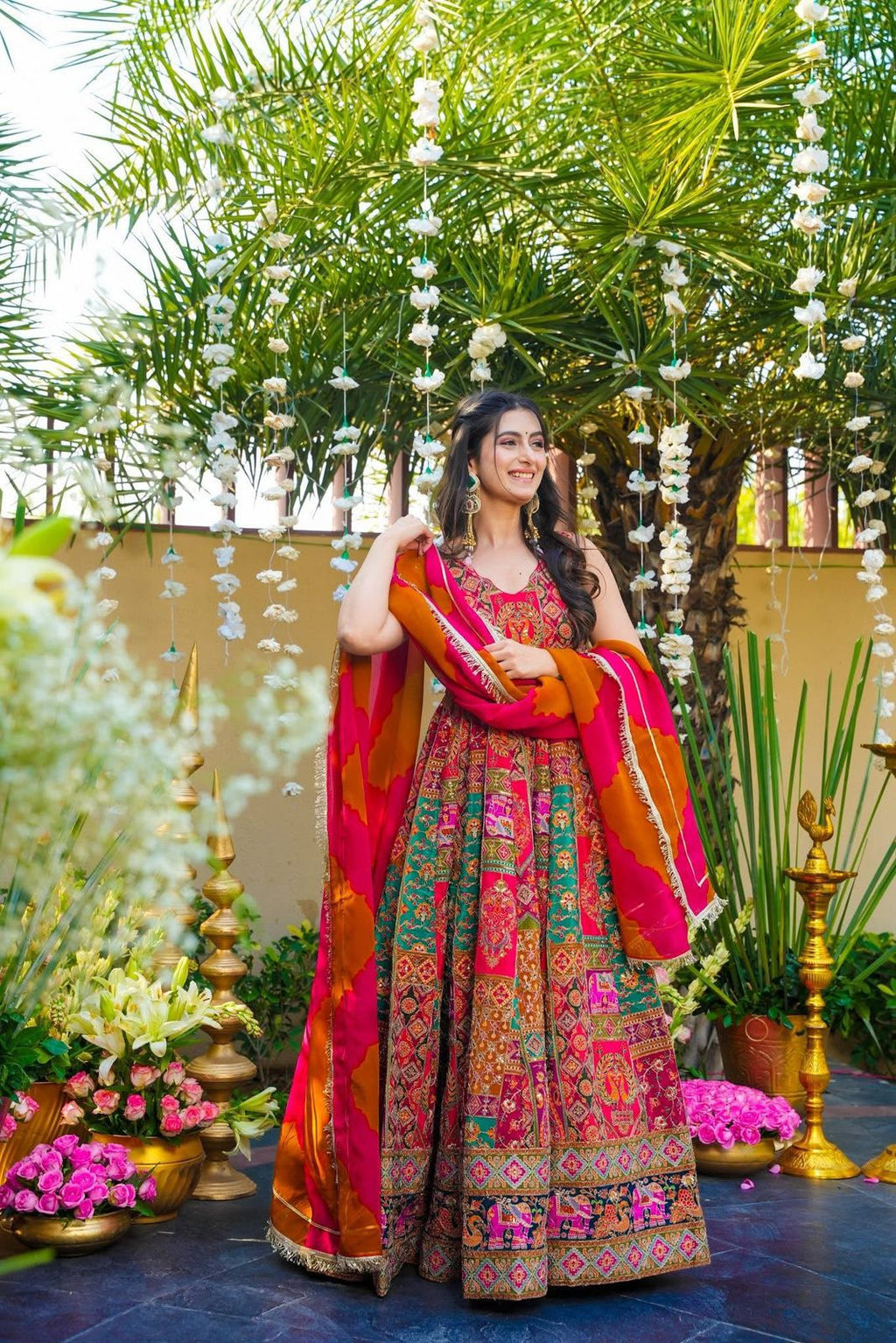 Red Jimmy Organza Silk Anarkali Gown with Dupatta