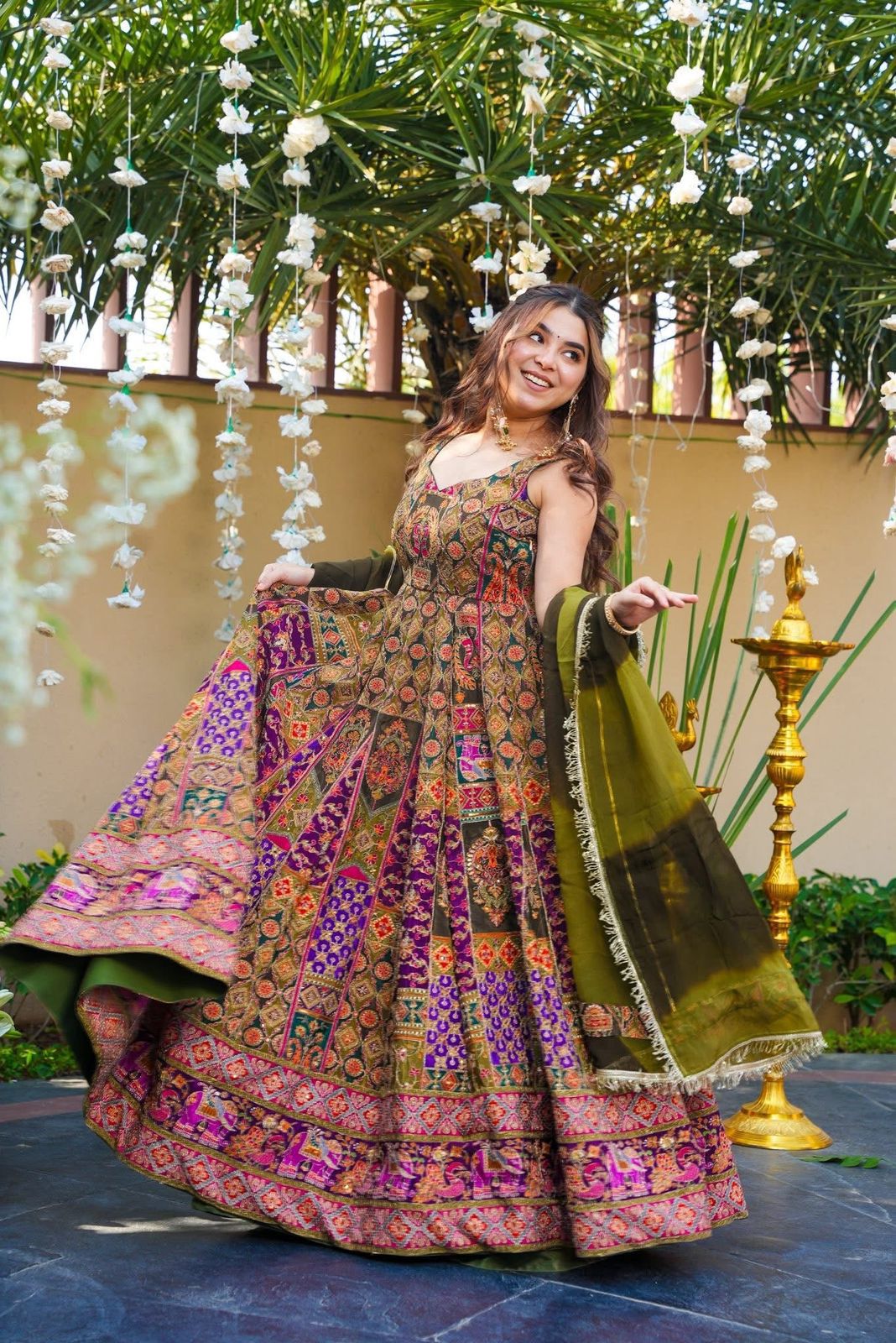 Green Digital Printed Jimmy Organza Silk Anarkali Gown