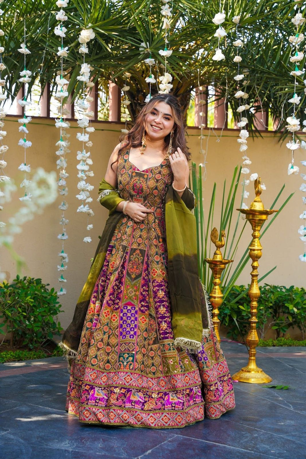 Green Digital Printed Jimmy Organza Silk Anarkali Gown