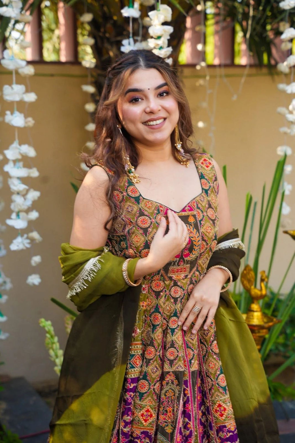 Green Digital Printed Jimmy Organza Silk Anarkali Gown