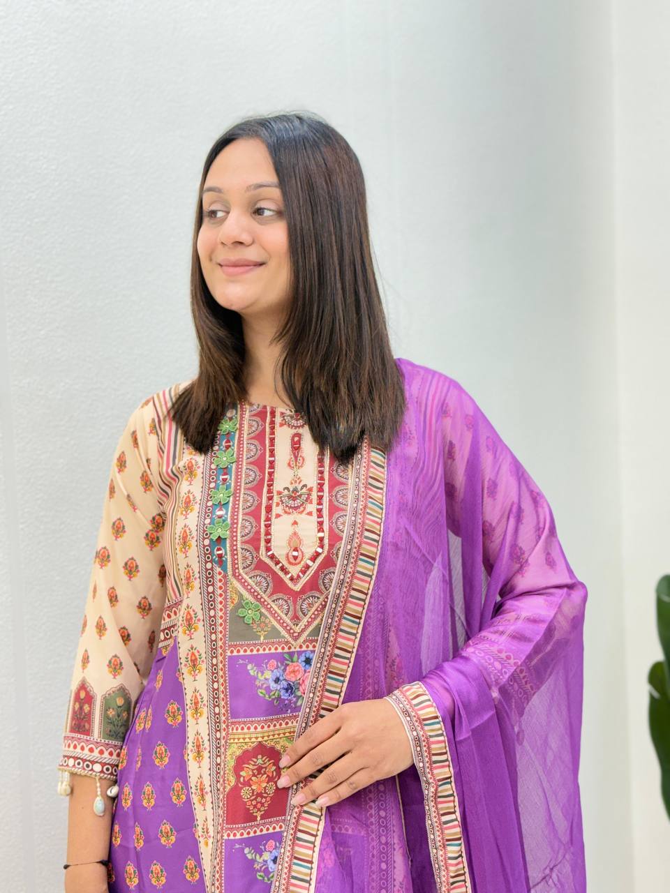 Royal Purple Printed Pure Chinon Kurta Plazo Dupatta Set