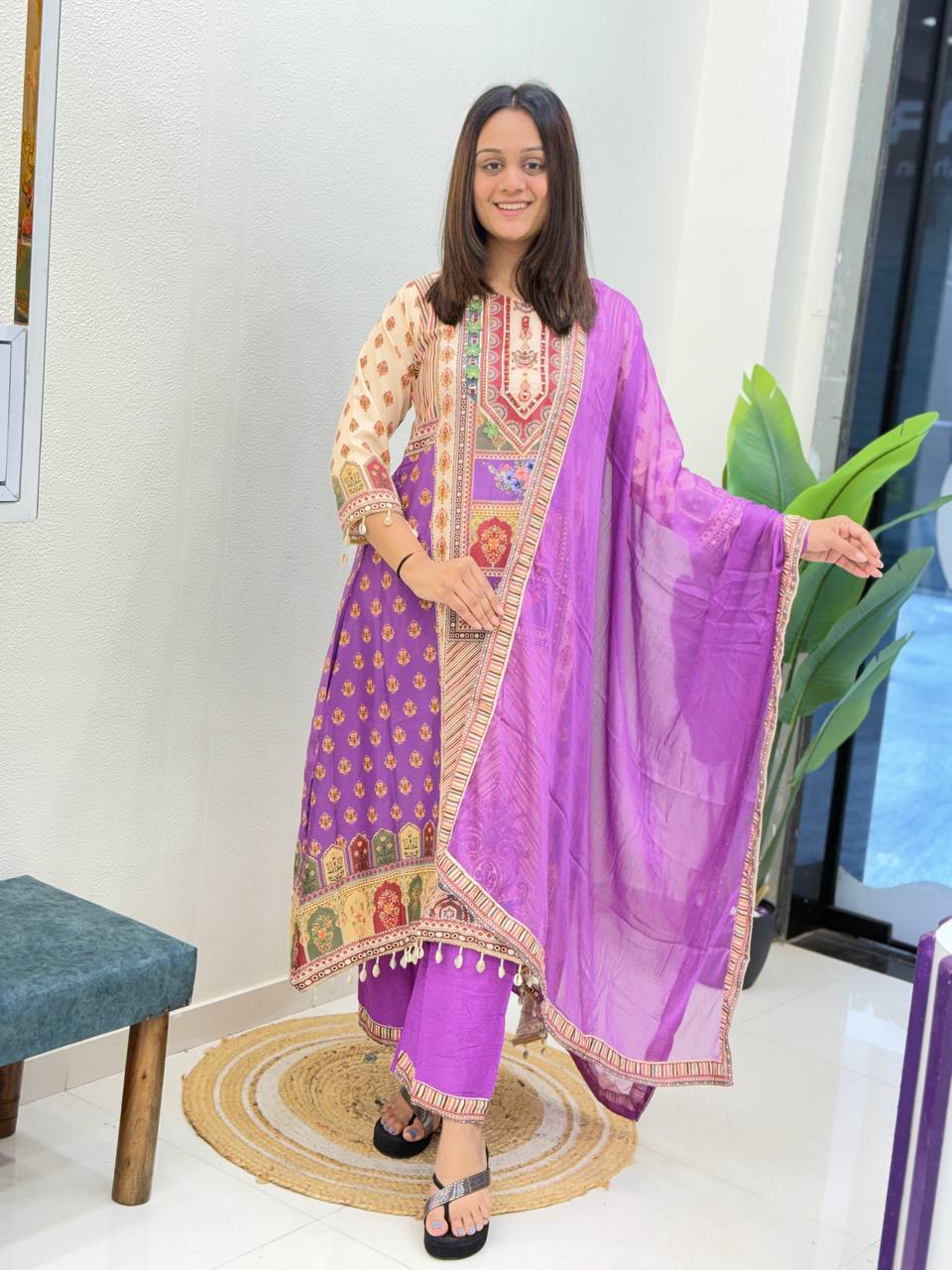 Royal Purple Printed Pure Chinon Kurta Plazo Dupatta Set