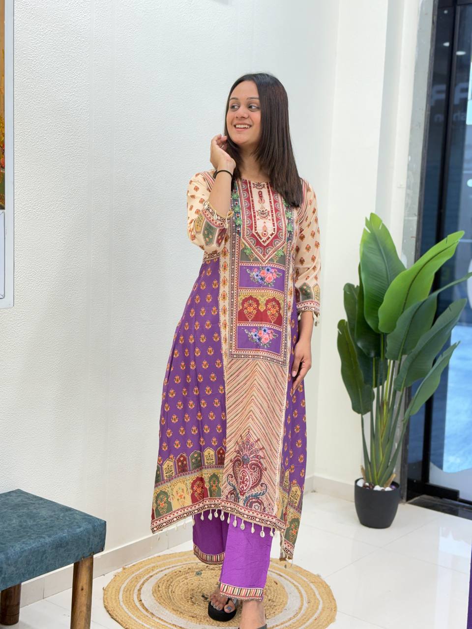 Royal Purple Printed Pure Chinon Kurta Plazo Dupatta Set
