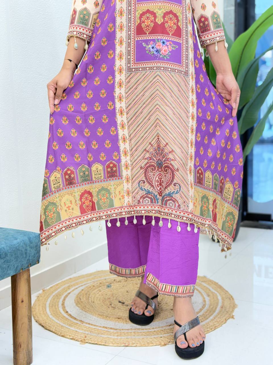 Royal Purple Printed Pure Chinon Kurta Plazo Dupatta Set