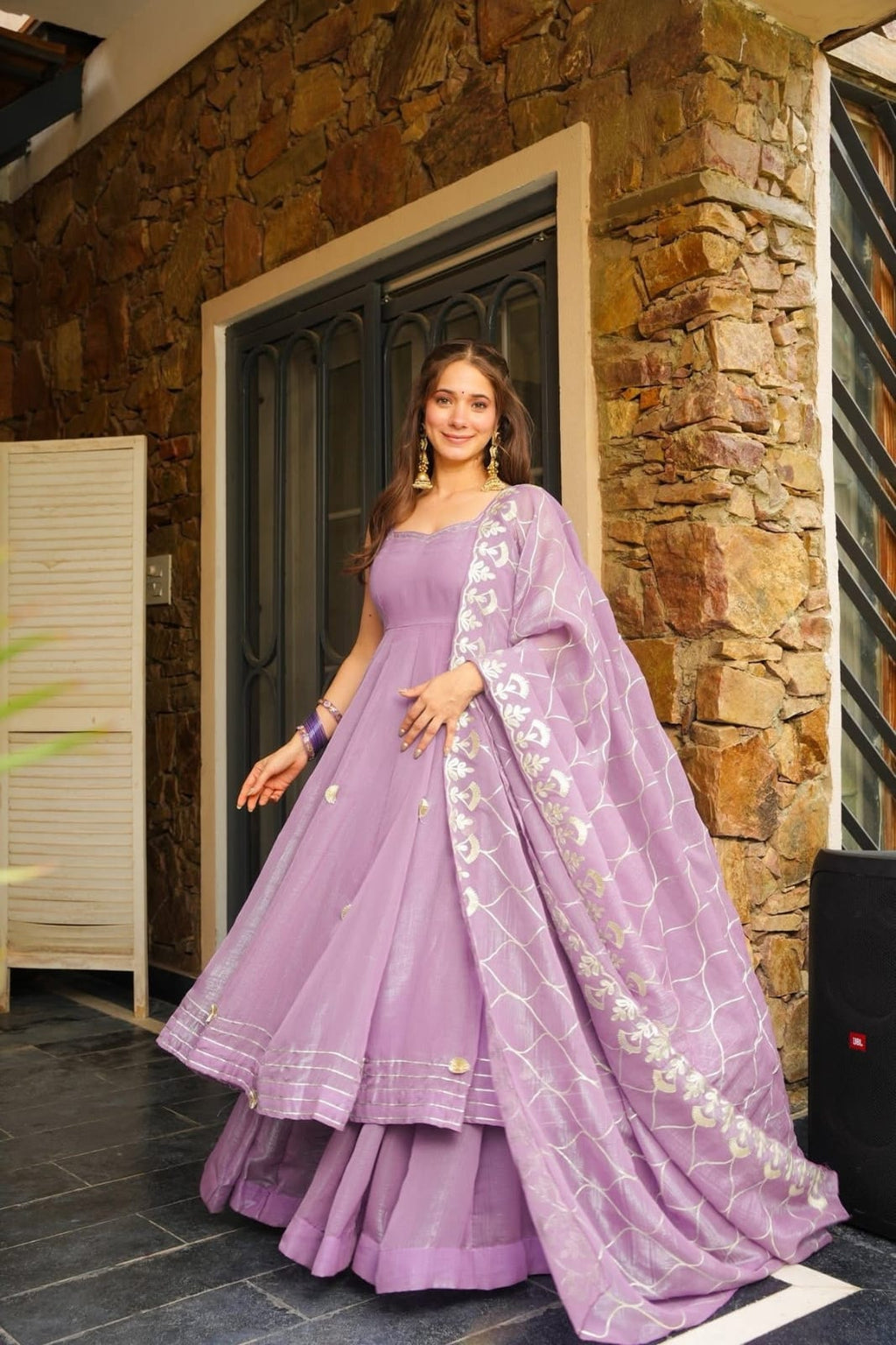 Lavender Embroidered Chinon Silk Anarkali Pant Dupatta Set