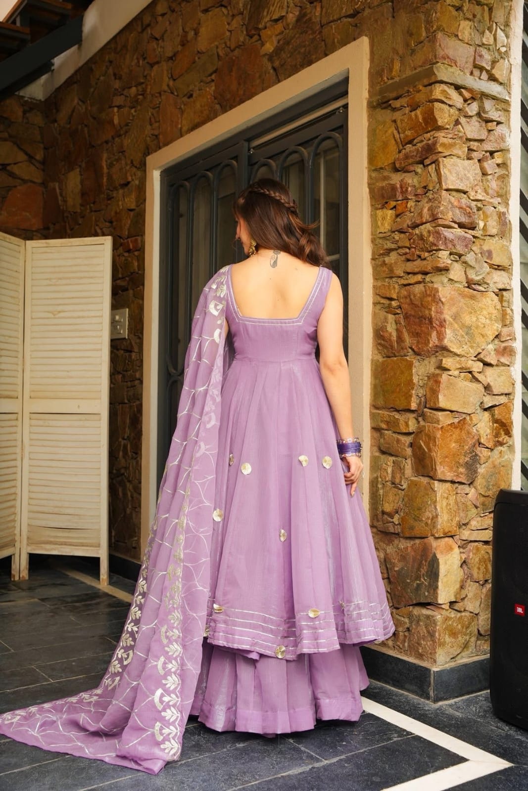 Lavender Embroidered Chinon Silk Anarkali Pant Dupatta Set