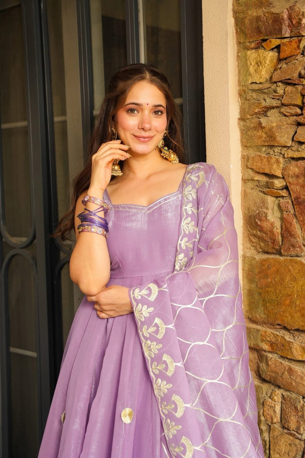 Lavender Embroidered Chinon Silk Anarkali Pant Dupatta Set