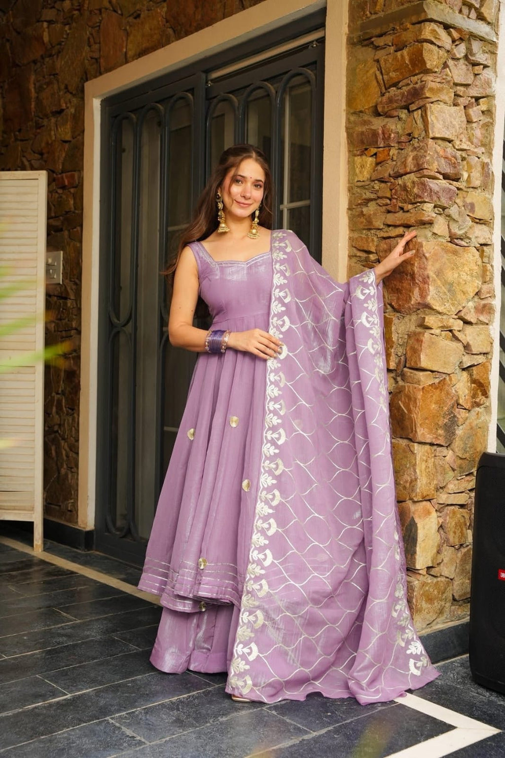 Lavender Embroidered Chinon Silk Anarkali Pant Dupatta Set