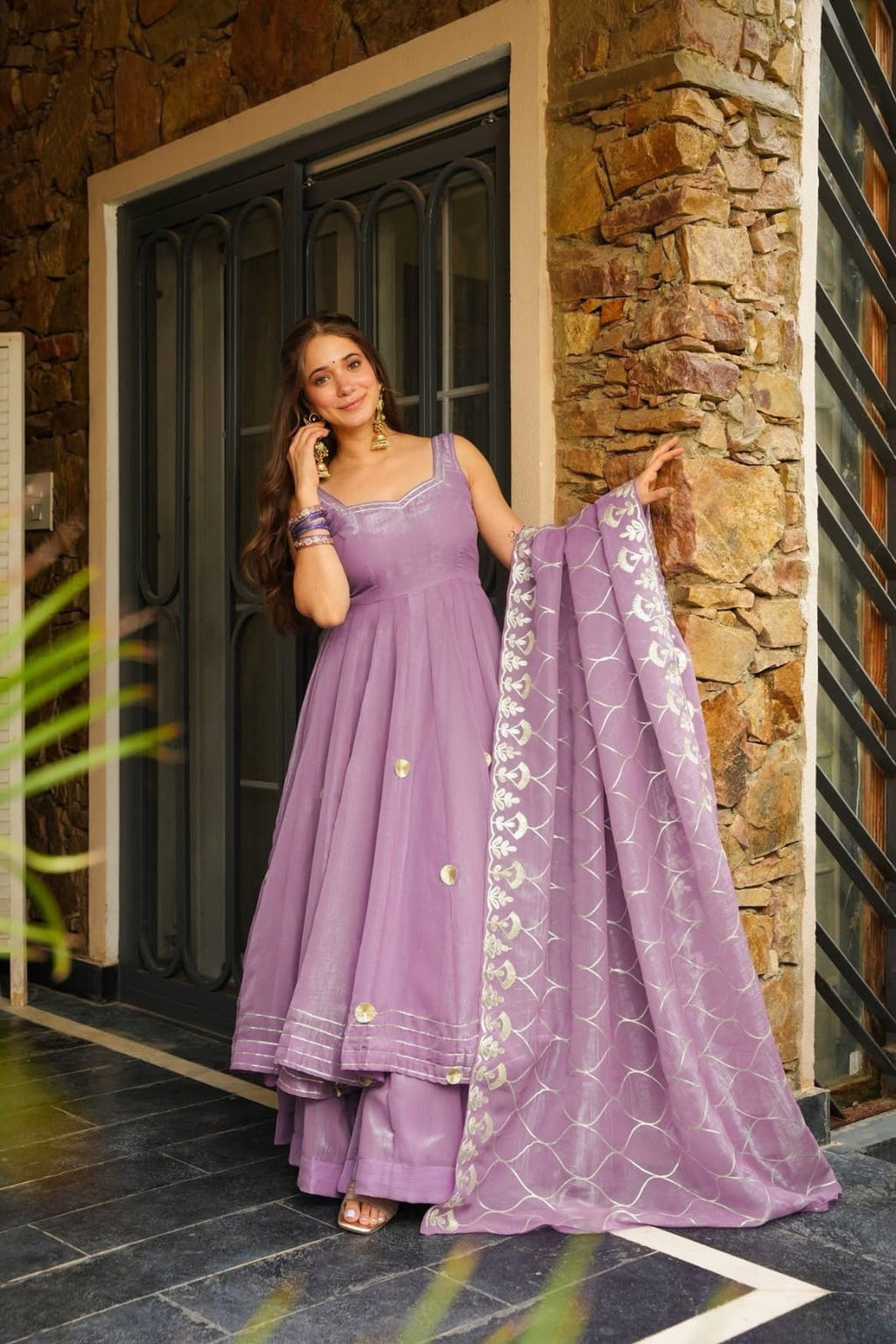 Lavender Embroidered Chinon Silk Anarkali Pant Dupatta Set