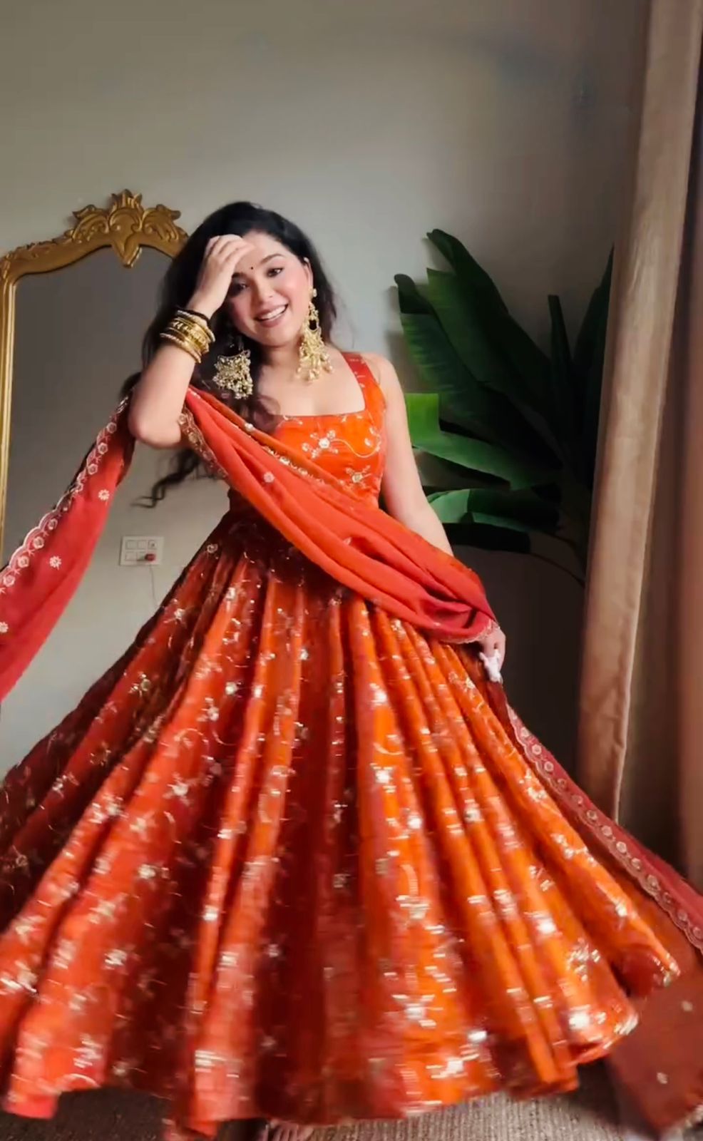 Orange Heavy Embroidered Fendy Silk Anarkali Pant Dupatta Set