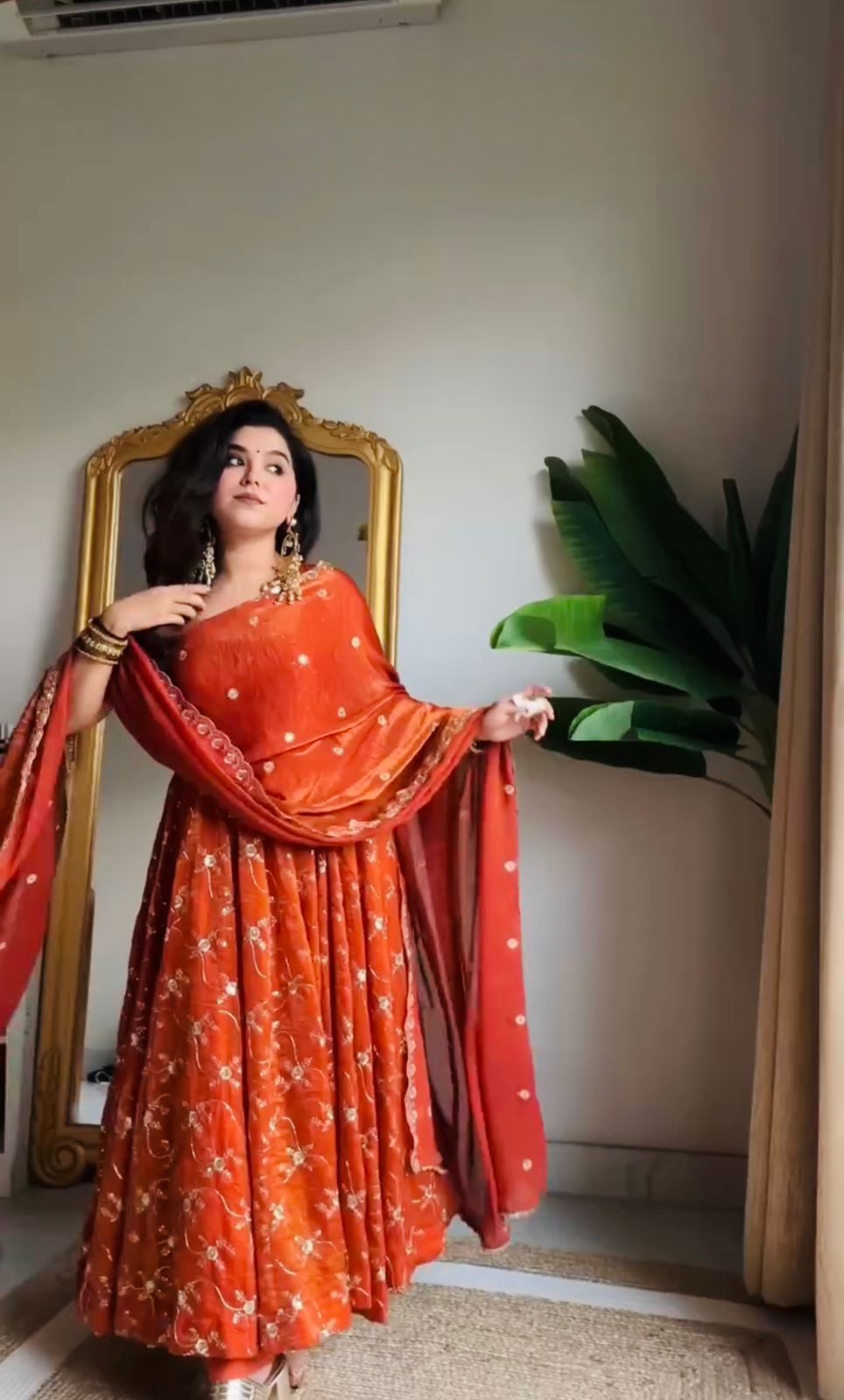 Orange Heavy Embroidered Fendy Silk Anarkali Pant Dupatta Set