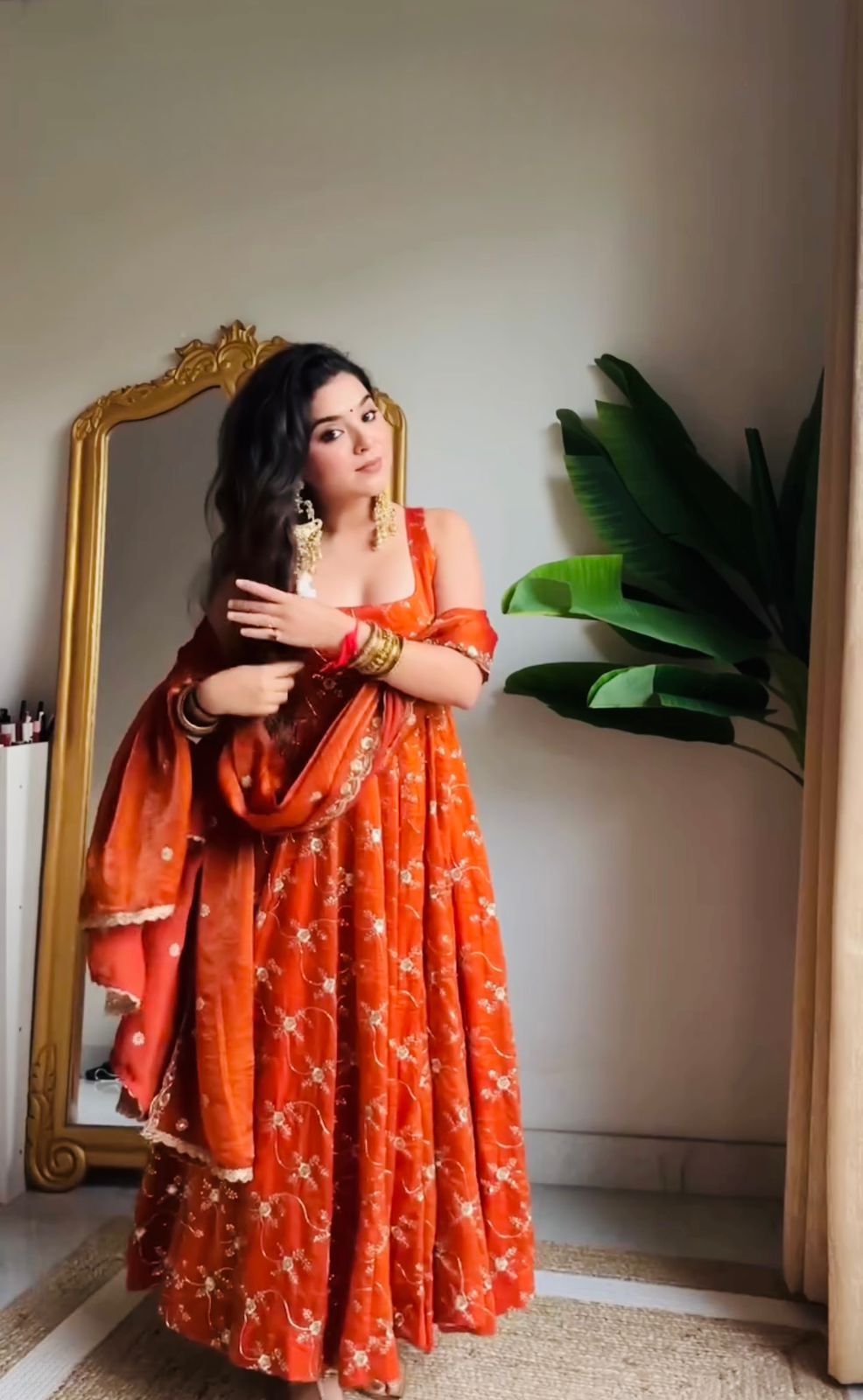 Orange Heavy Embroidered Fendy Silk Anarkali Pant Dupatta Set