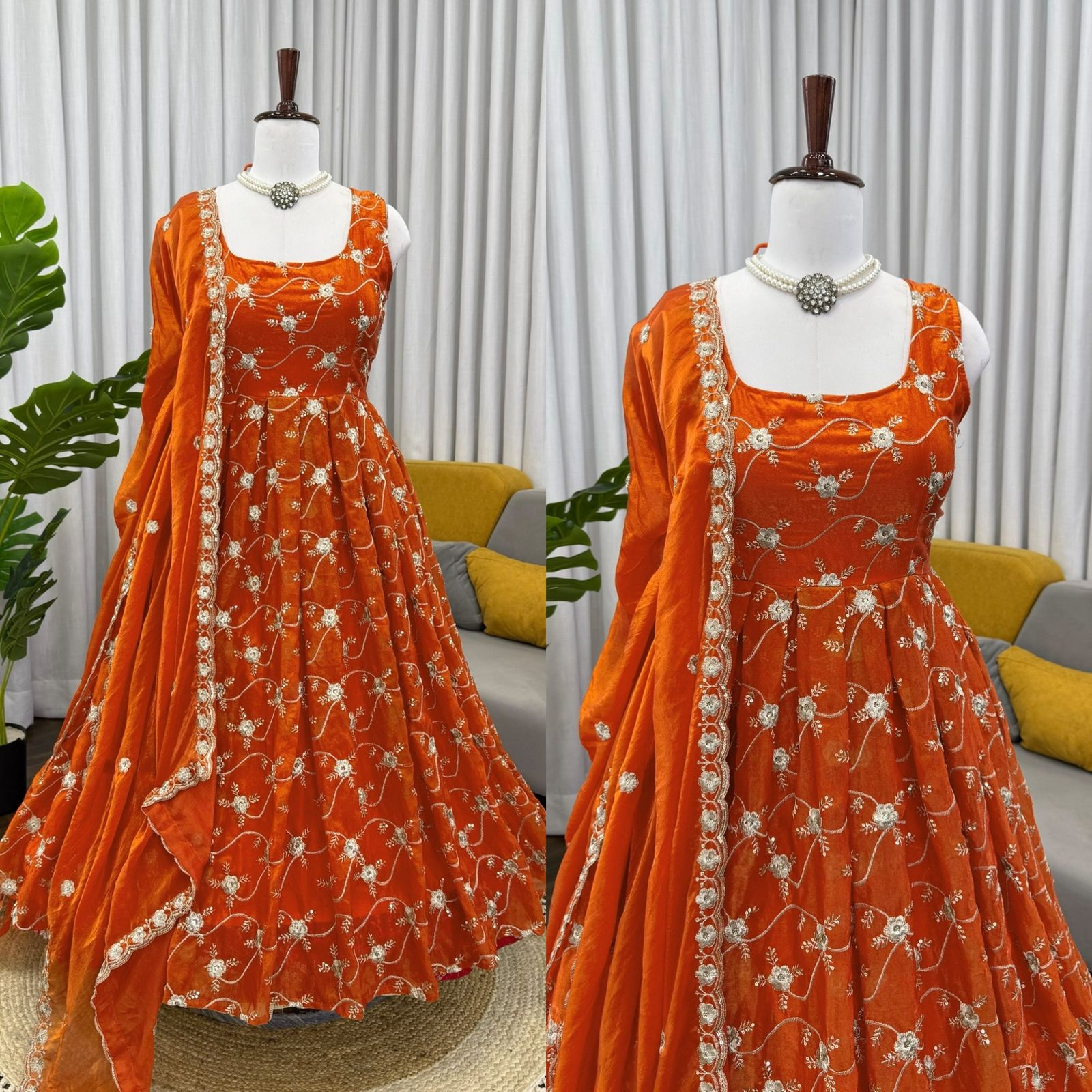 Orange Heavy Embroidered Fendy Silk Anarkali Pant Dupatta Set