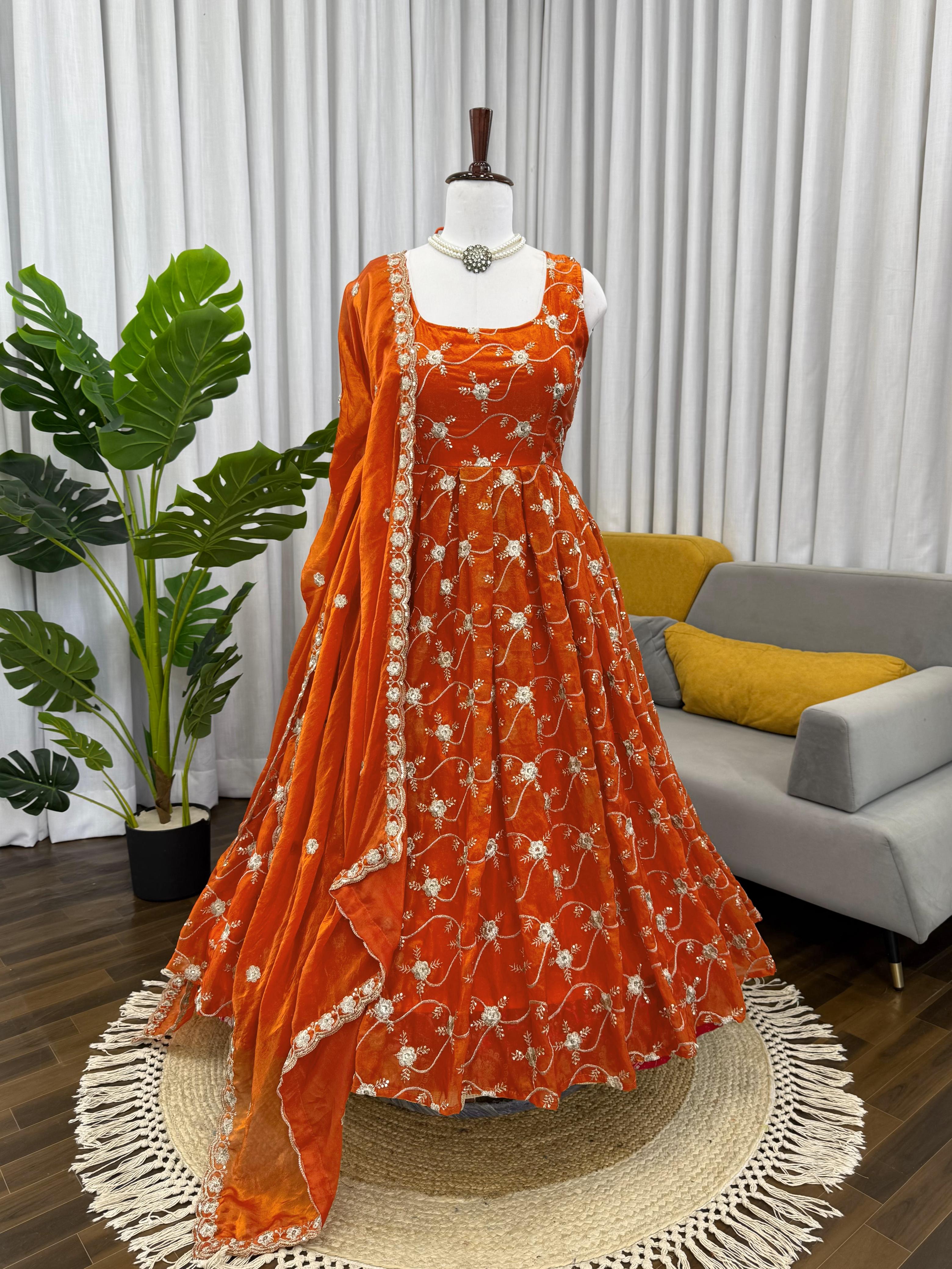 Orange Heavy Embroidered Fendy Silk Anarkali Pant Dupatta Set