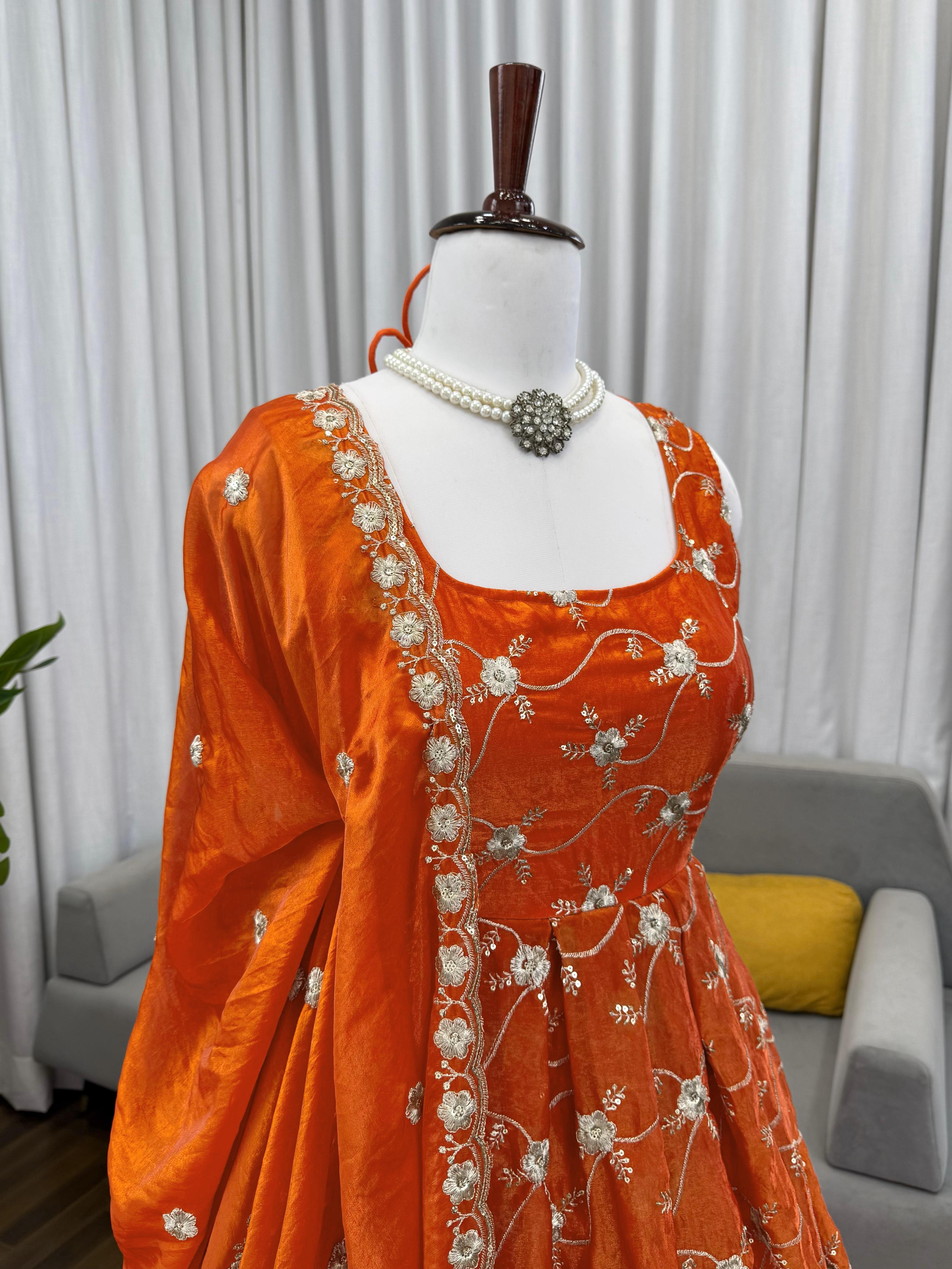 Orange Heavy Embroidered Fendy Silk Anarkali Pant Dupatta Set