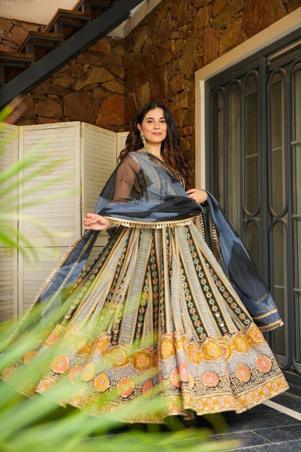 Grey Digital Printed Anarkali Gown with Organza Dupatta