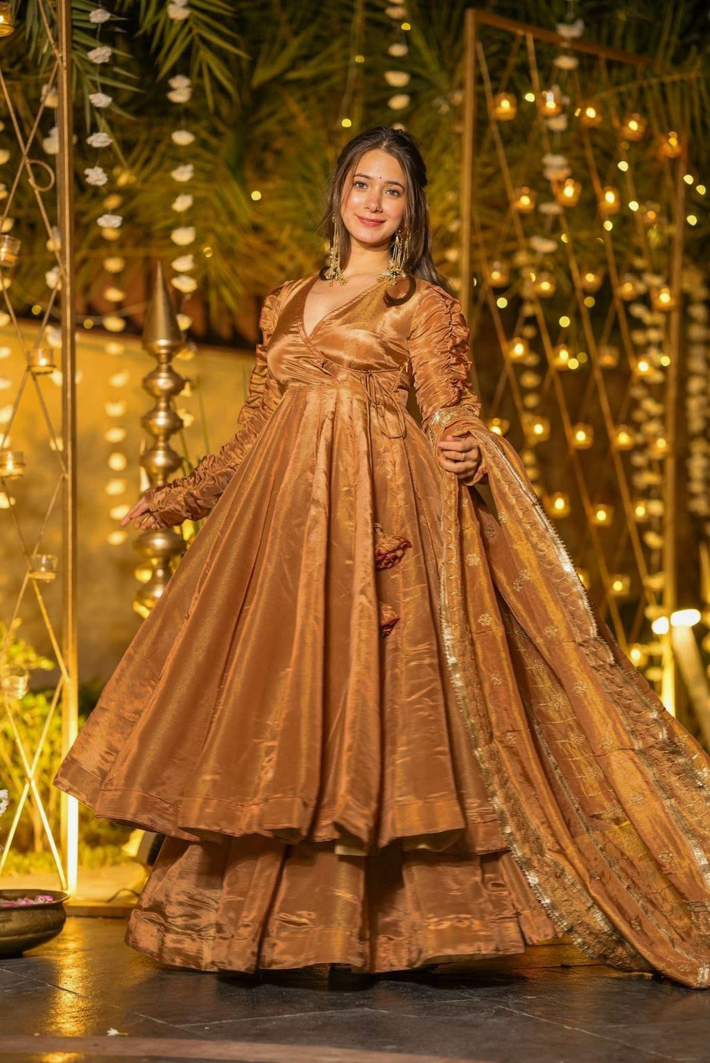 Golden Bronze Heavy Fendy Silk Anarkali Kurta Set with Palazzo & Dupatta