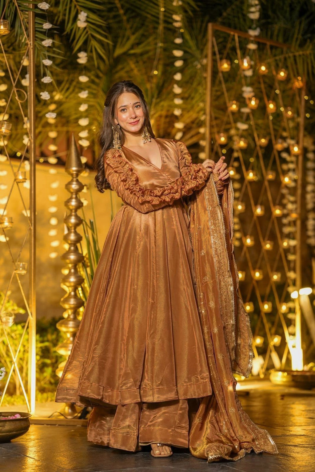 Golden Bronze Heavy Fendy Silk Anarkali Kurta Set with Palazzo & Dupatta