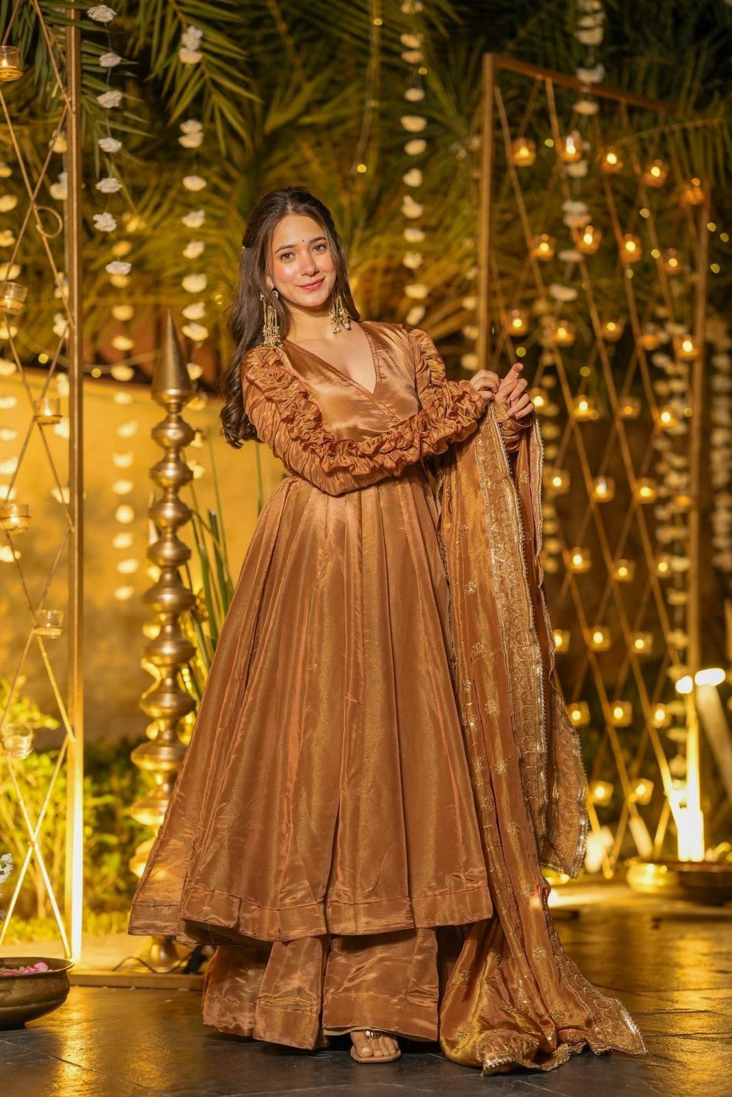 Golden Bronze Heavy Fendy Silk Anarkali Kurta Set with Palazzo & Dupatta