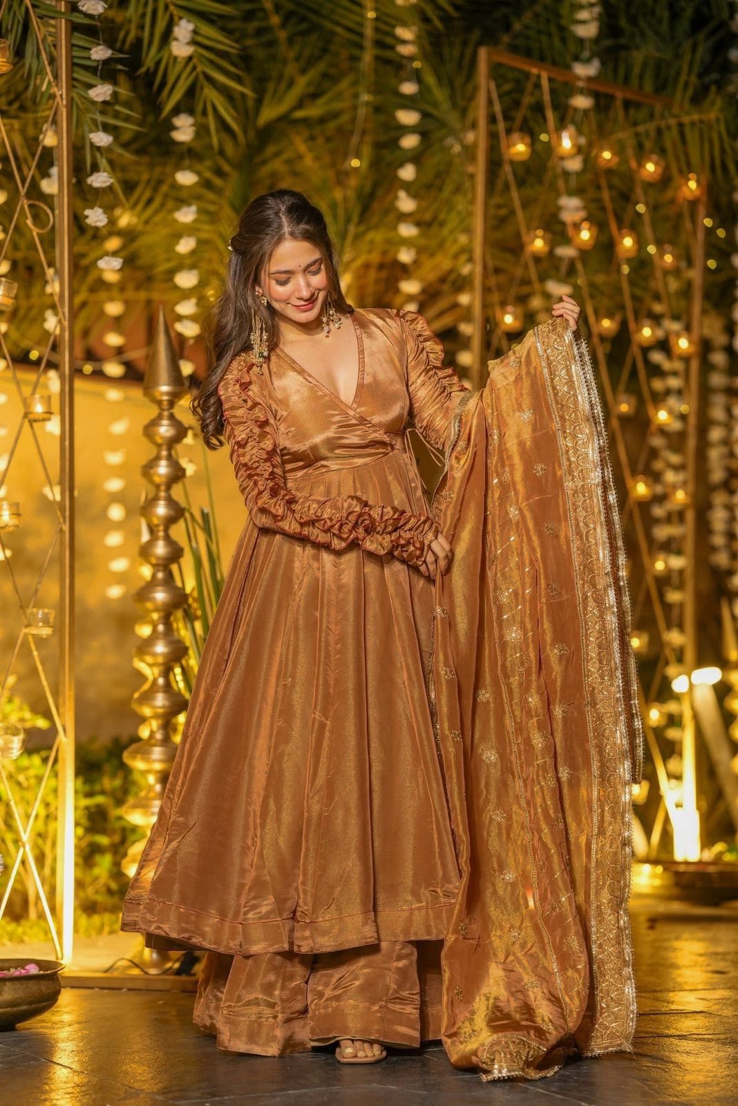 Golden Bronze Heavy Fendy Silk Anarkali Kurta Set with Palazzo & Dupatta