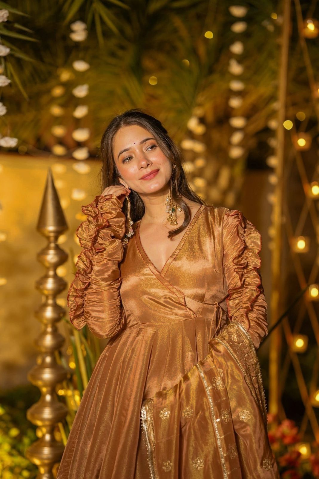 Golden Bronze Heavy Fendy Silk Anarkali Kurta Set with Palazzo & Dupatta