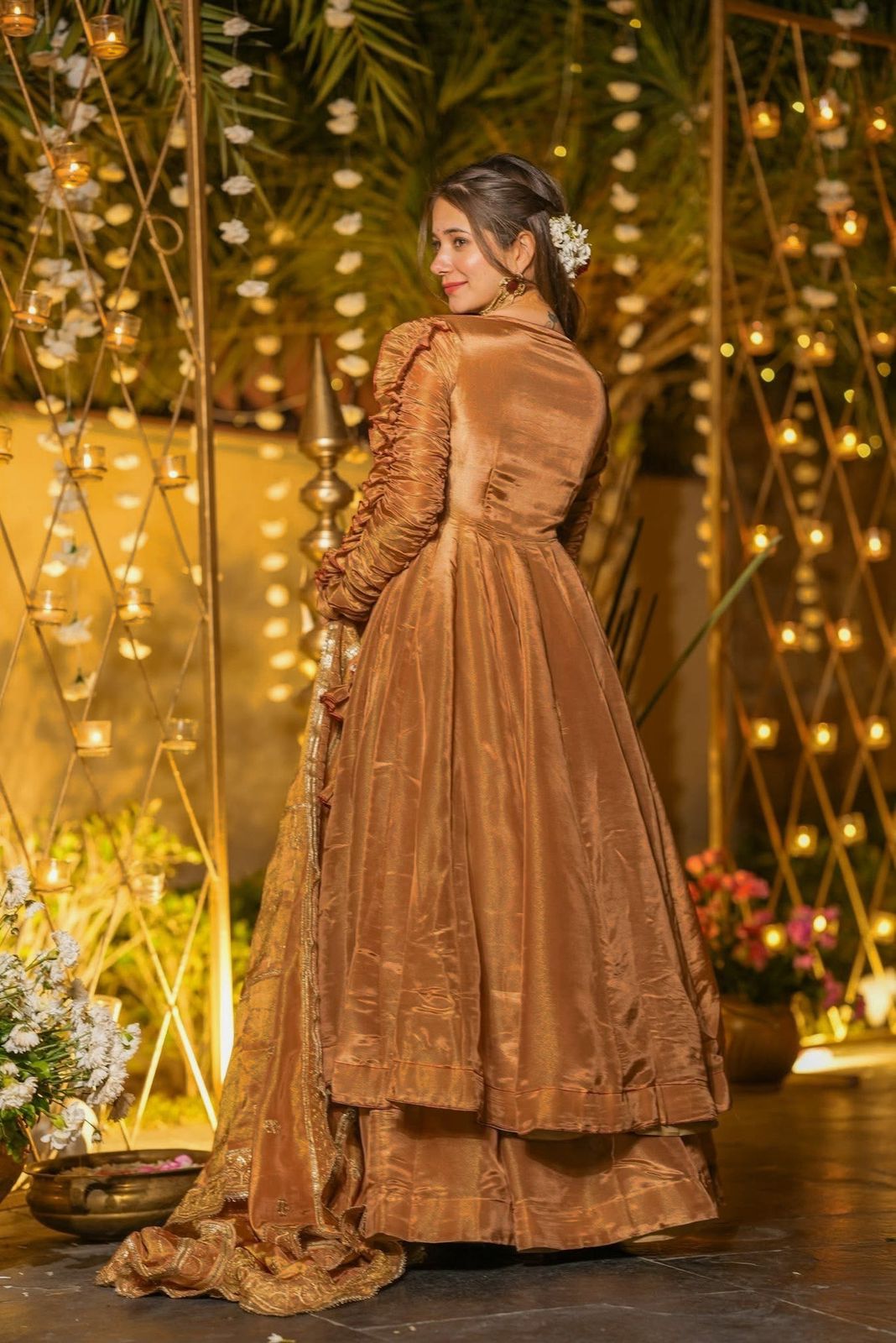Golden Bronze Heavy Fendy Silk Anarkali Kurta Set with Palazzo & Dupatta