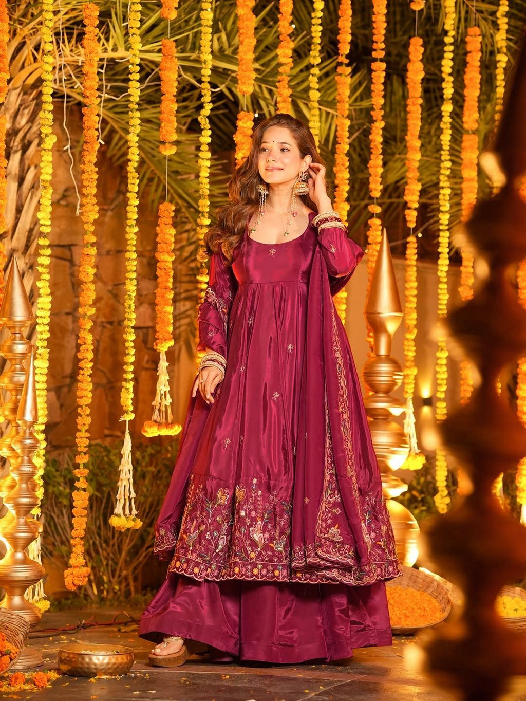 Wine Embroidered Anarkali Kurta Set with Palazzo & Dupatta