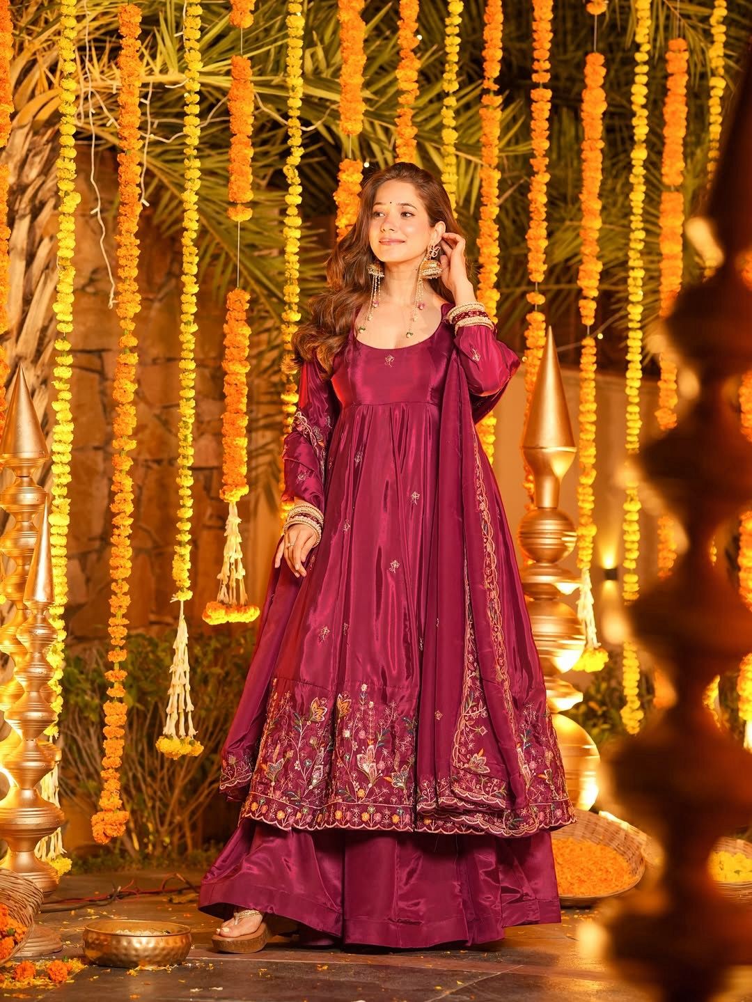 Wine Embroidered Anarkali Kurta Set with Palazzo & Dupatta