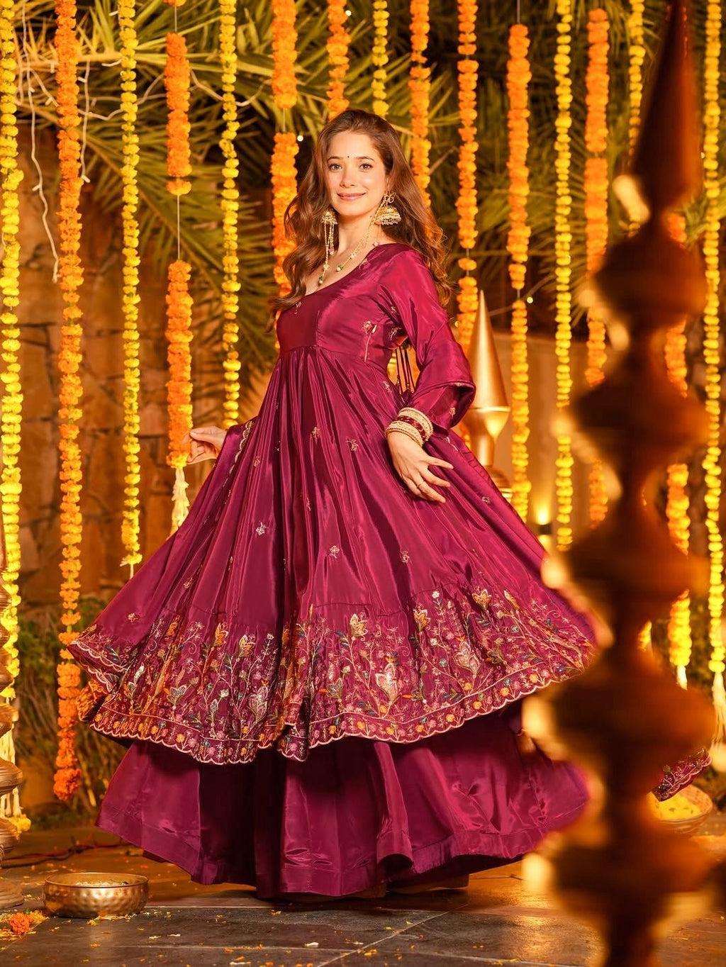 Wine Embroidered Anarkali Kurta Set with Palazzo & Dupatta
