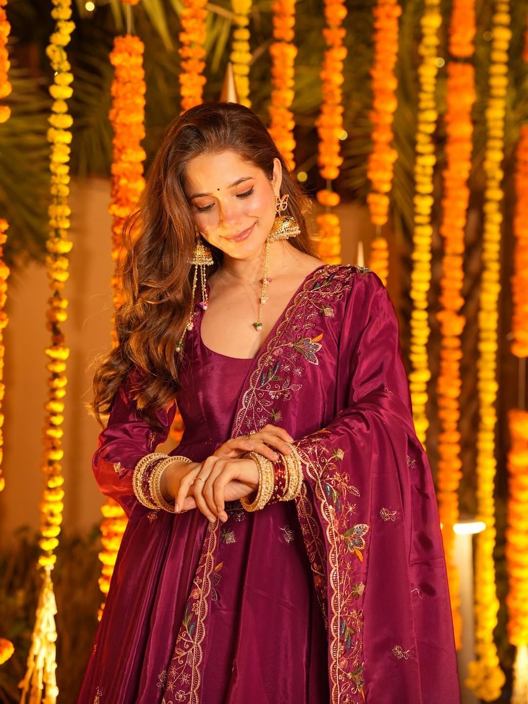 Wine Embroidered Anarkali Kurta Set with Palazzo & Dupatta