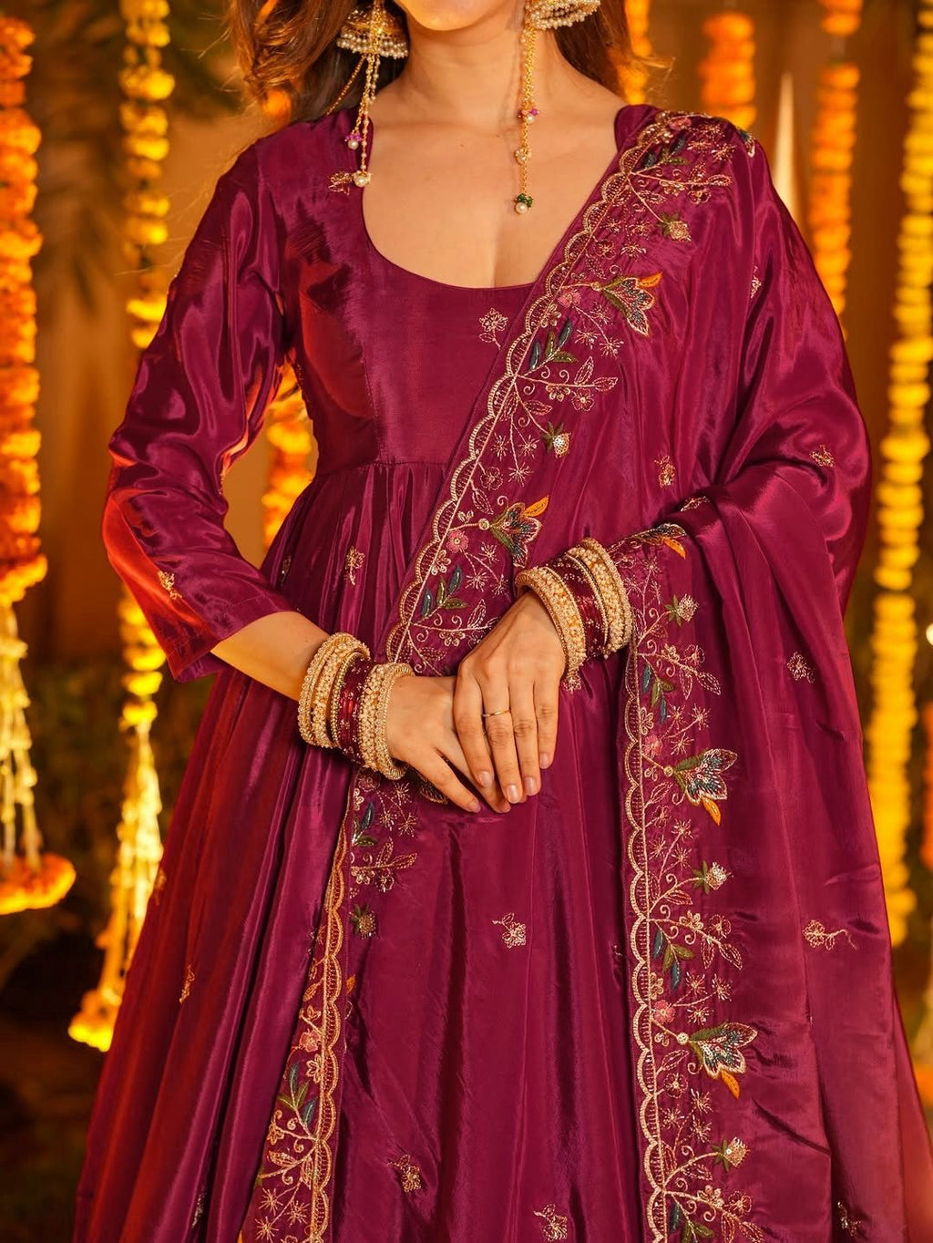 Wine Embroidered Anarkali Kurta Set with Palazzo & Dupatta