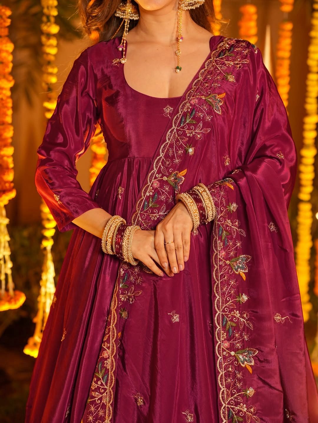 Wine Embroidered Anarkali Kurta Set with Palazzo & Dupatta