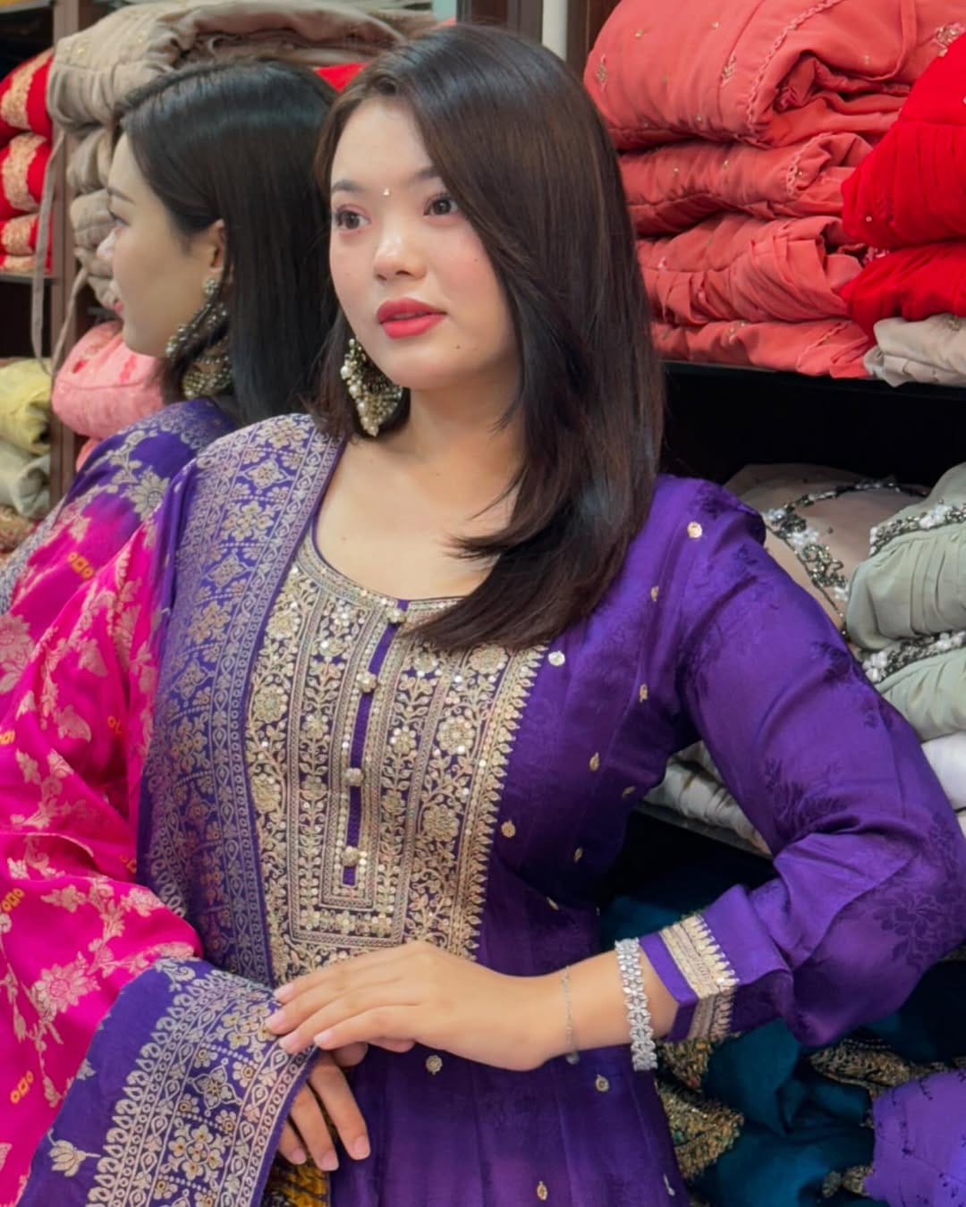 Royal Purple Banana Silk Anarkali Kurti Set with Dupatta