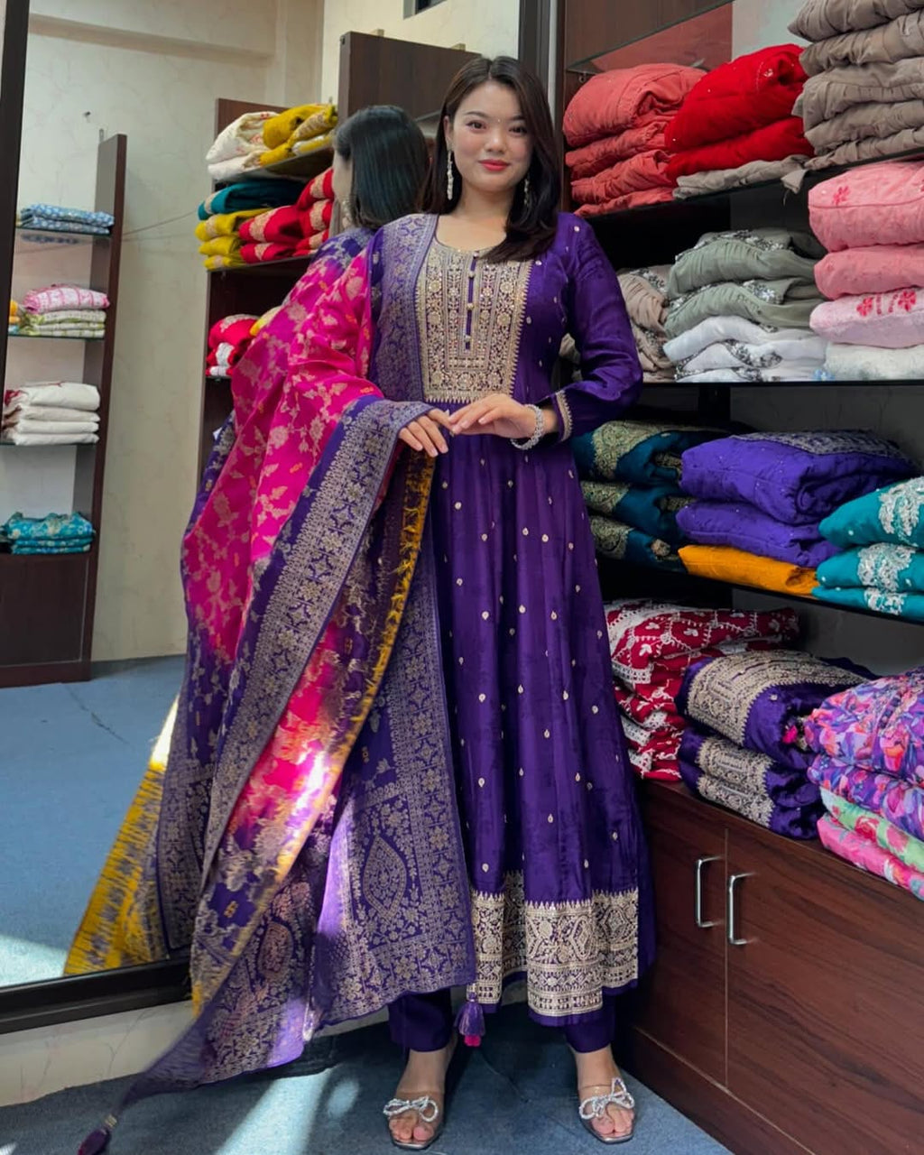 Royal Purple Banana Silk Anarkali Kurti Set with Dupatta