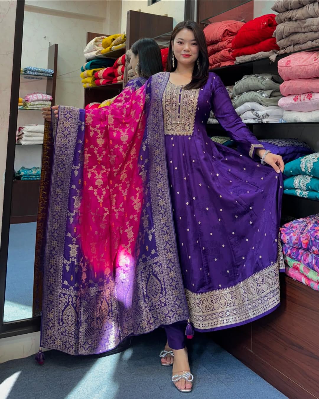 Royal Purple Banana Silk Anarkali Kurti Set with Dupatta