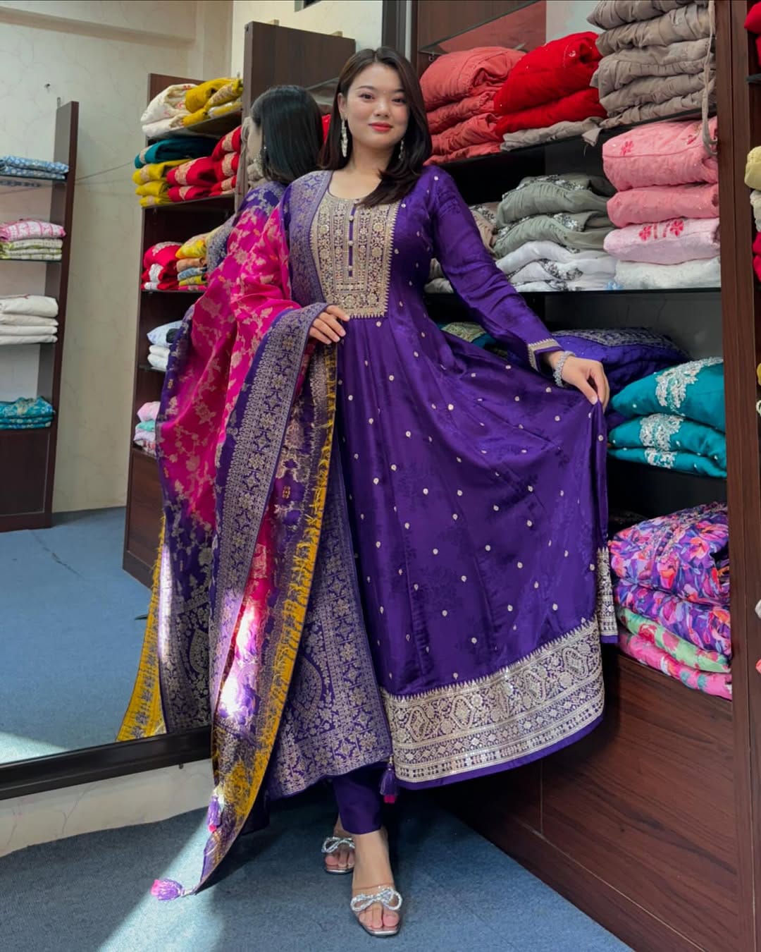 Royal Purple Banana Silk Anarkali Kurti Set with Dupatta