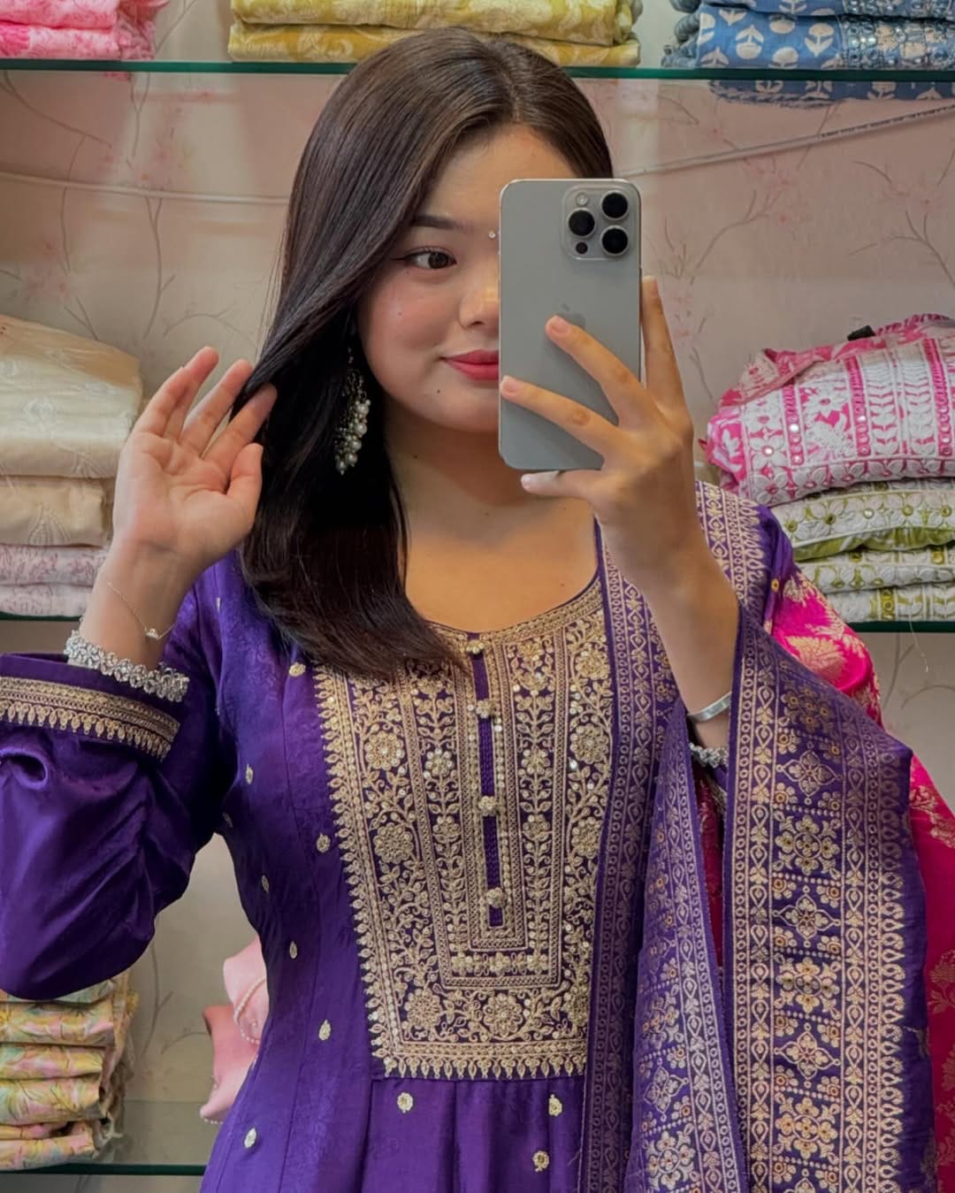 Royal Purple Banana Silk Anarkali Kurti Set with Dupatta