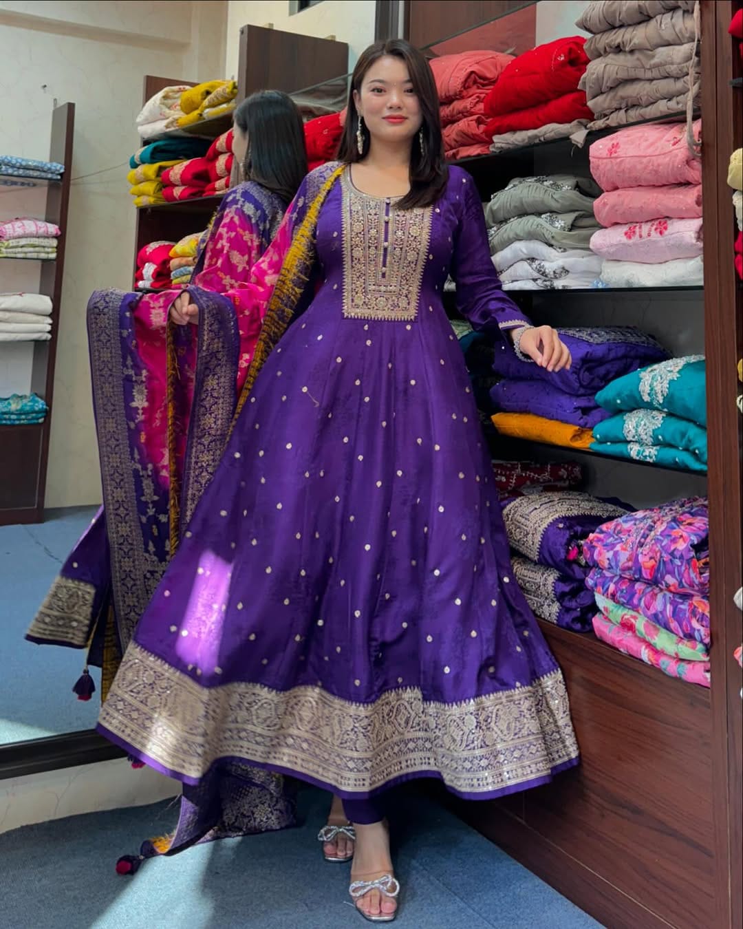 Royal Purple Banana Silk Anarkali Kurti Set with Dupatta