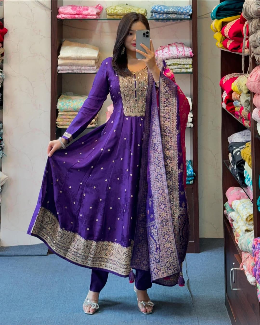 Royal Purple Banana Silk Anarkali Kurti Set with Dupatta
