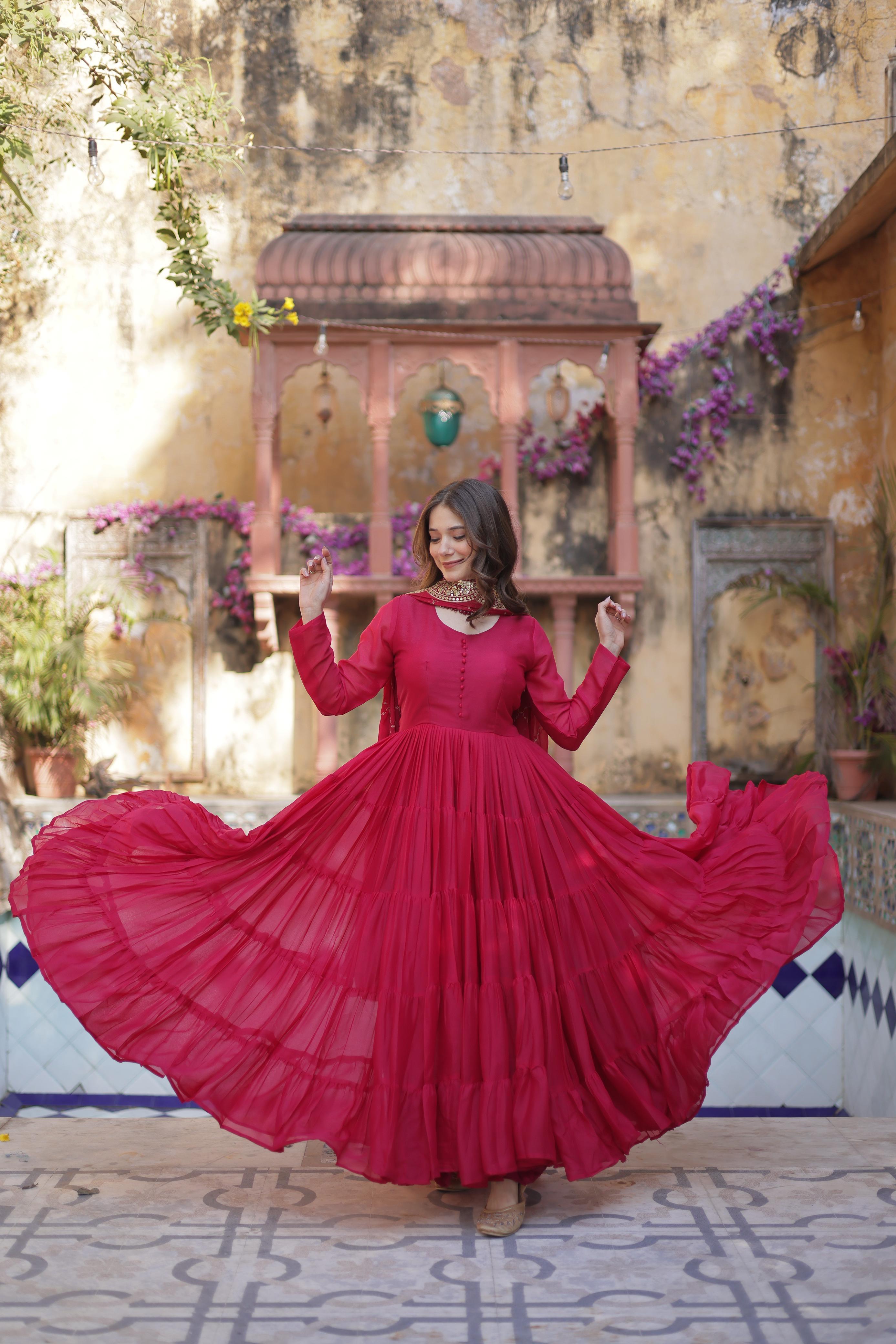 Rani Pink Anarkali Gown with Sequins Embroidered Dupatta
