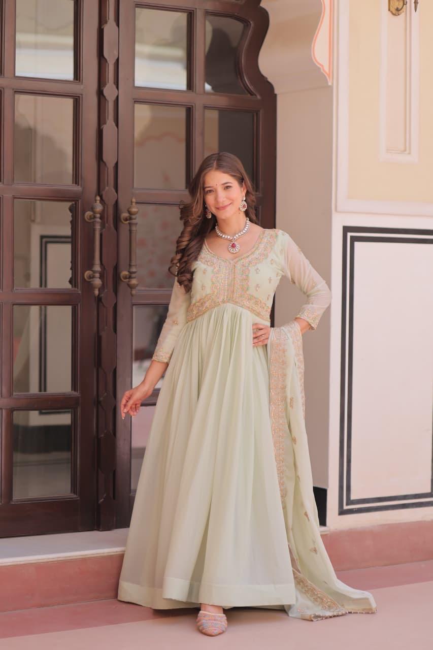 Cream Star Georgette Embroidered Gown with Dupatta
