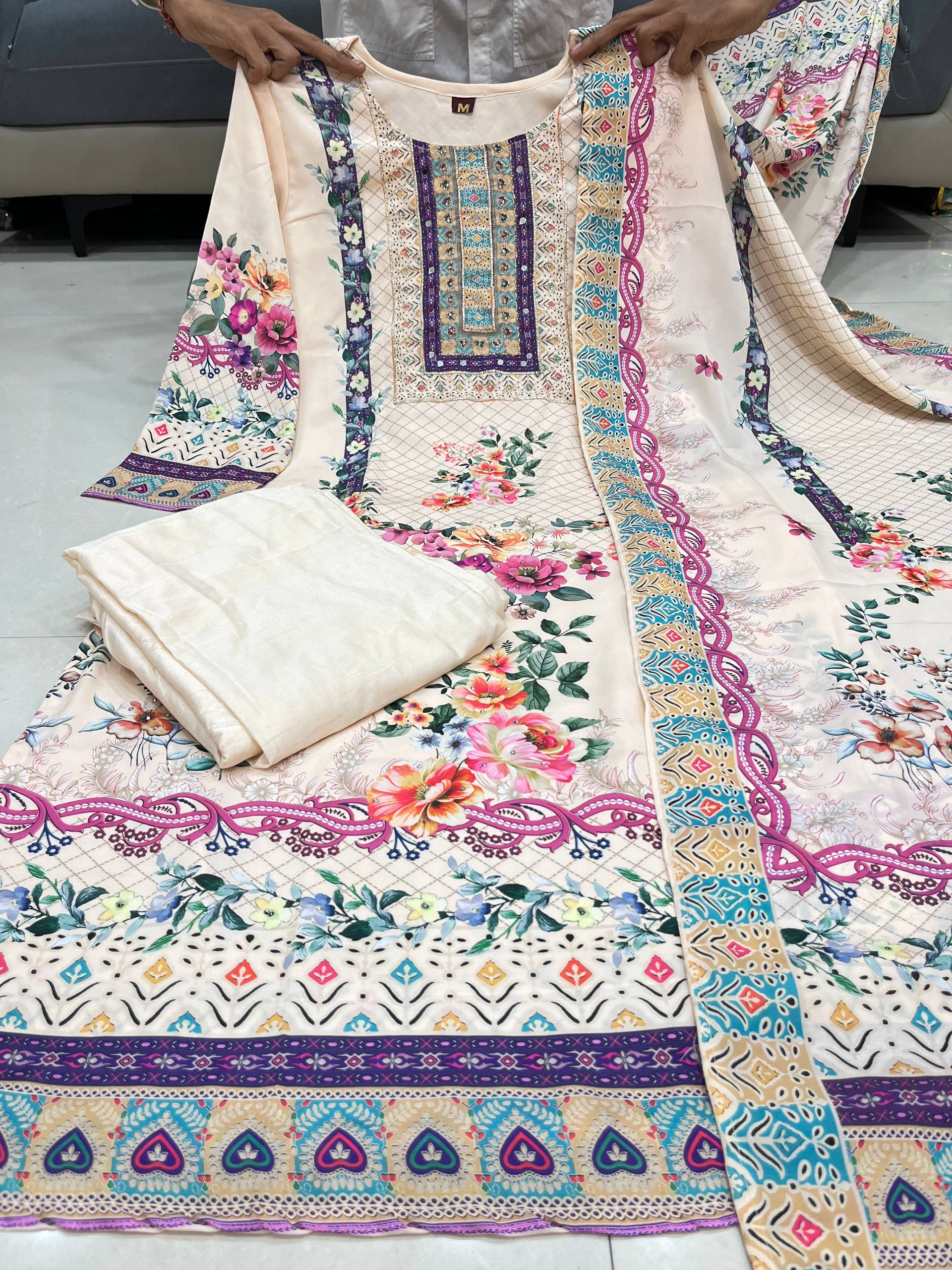 Lilac Pure Silk Kurti Pant Dupatta Set with Mirror & Hand Embroidery