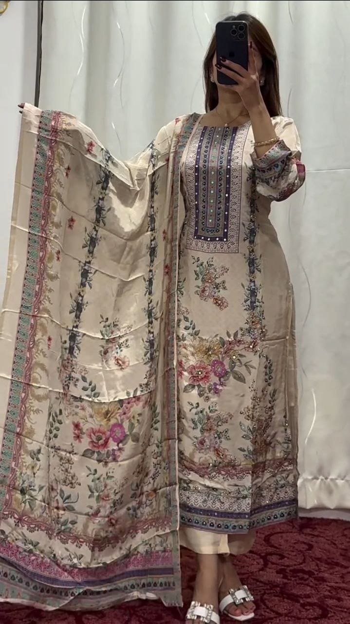 Lilac Pure Silk Kurti Pant Dupatta Set with Mirror & Hand Embroidery