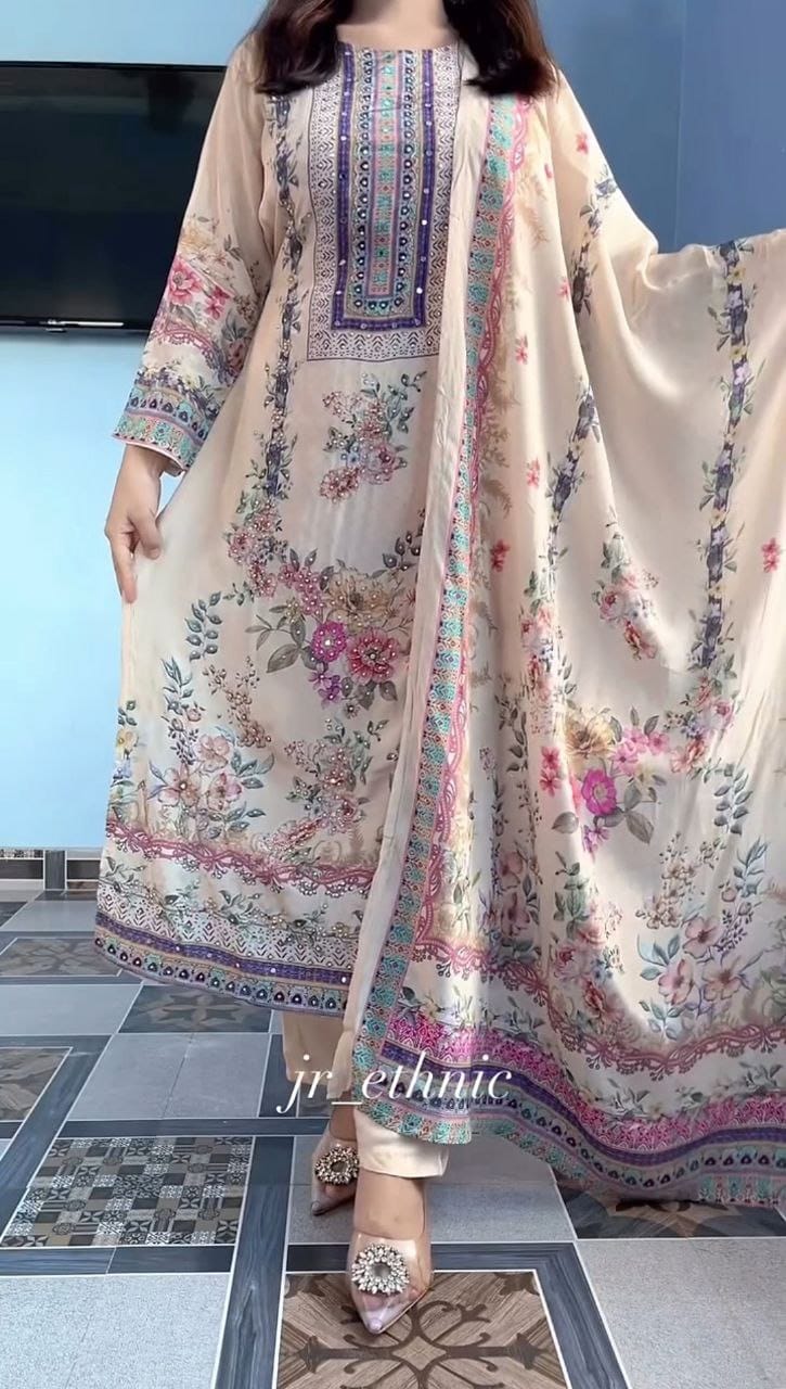 Lilac Pure Silk Kurti Pant Dupatta Set with Mirror & Hand Embroidery