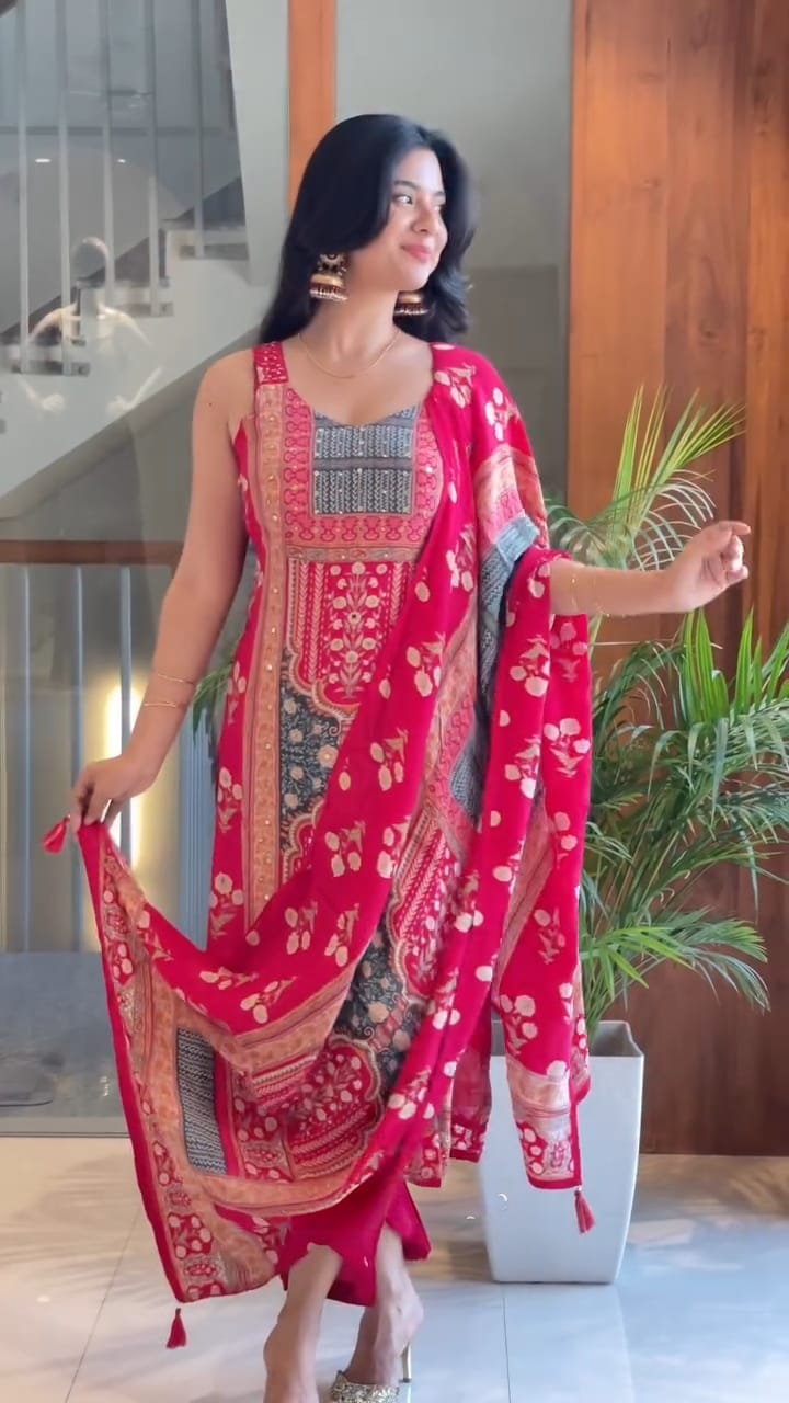 Rani Pink Maslin Mirror Work Kurta Set with Dupatta