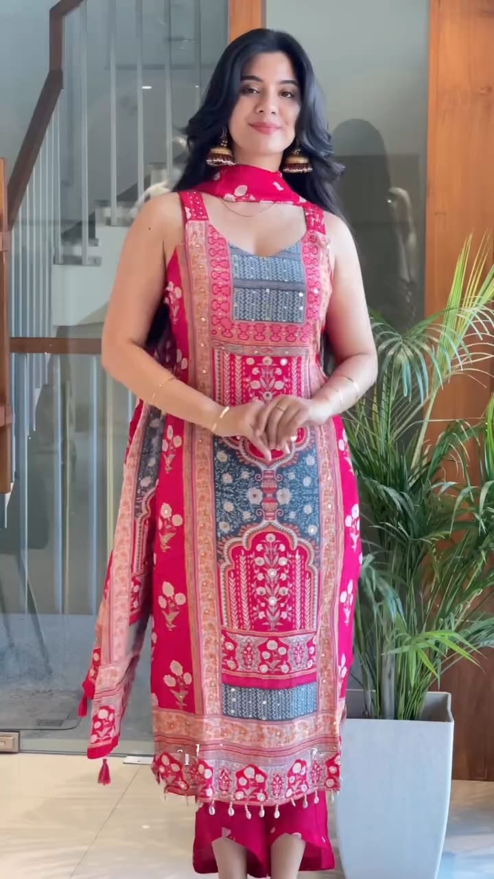 Rani Pink Maslin Mirror Work Kurta Set with Dupatta