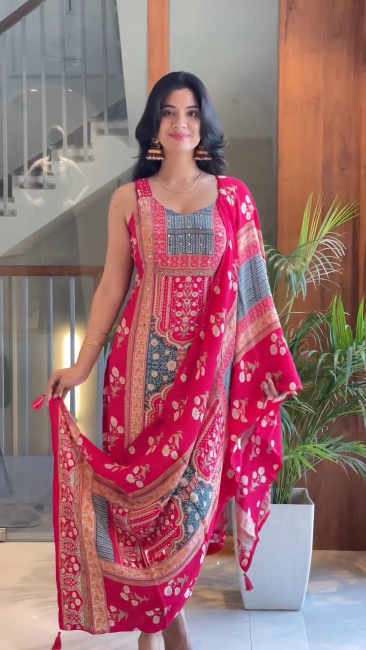 Rani Pink Maslin Mirror Work Kurta Set with Dupatta