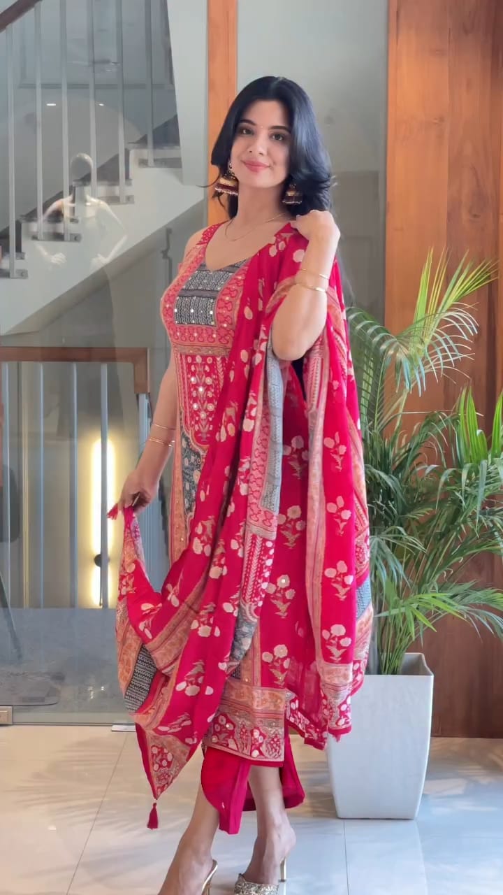 Rani Pink Maslin Mirror Work Kurta Set with Dupatta